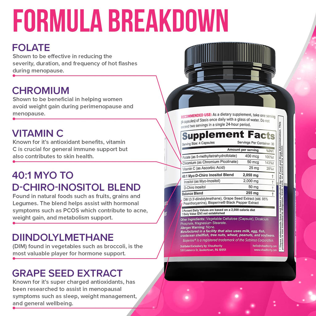 Myo-Inositol D-Chiro Women's Hormone Balance Supplement - 40:1 Myo-Inositol & D-ChiroInositol Blend with DIM for Hormone Balance for Women - Health Vitamins for Skin, Energy, & Cycle Support (1 Month) Vitauthority Au supplements