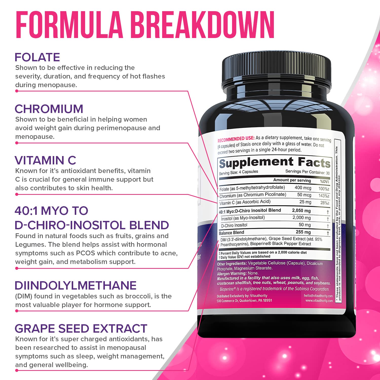 Myo-Inositol D-Chiro Women's Hormone Balance Supplement - 40:1 Myo-Inositol & D-ChiroInositol Blend with DIM for Hormone Balance for Women - Health Vitamins for Skin, Energy, & Cycle Support (1 Month) Vitauthority Au supplements