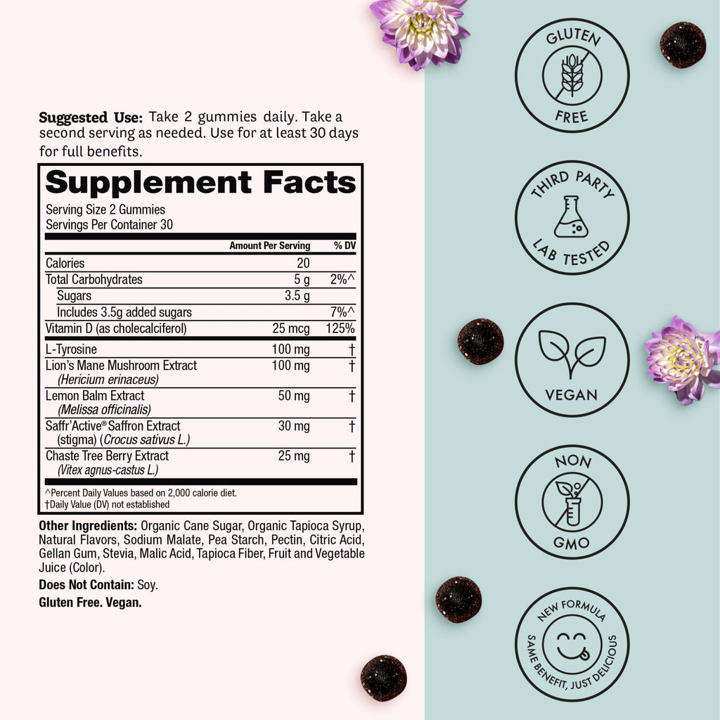Winged Wellness Happy Her Mood Gummies - Daily Mood Enhancer Support Supplement for Women - Vitamin D with Saffron, Lemon Balm, & Lions Mane Mushrooms for Balance & Calming Relief - 50 Vegan Gummies Winged Au supplements