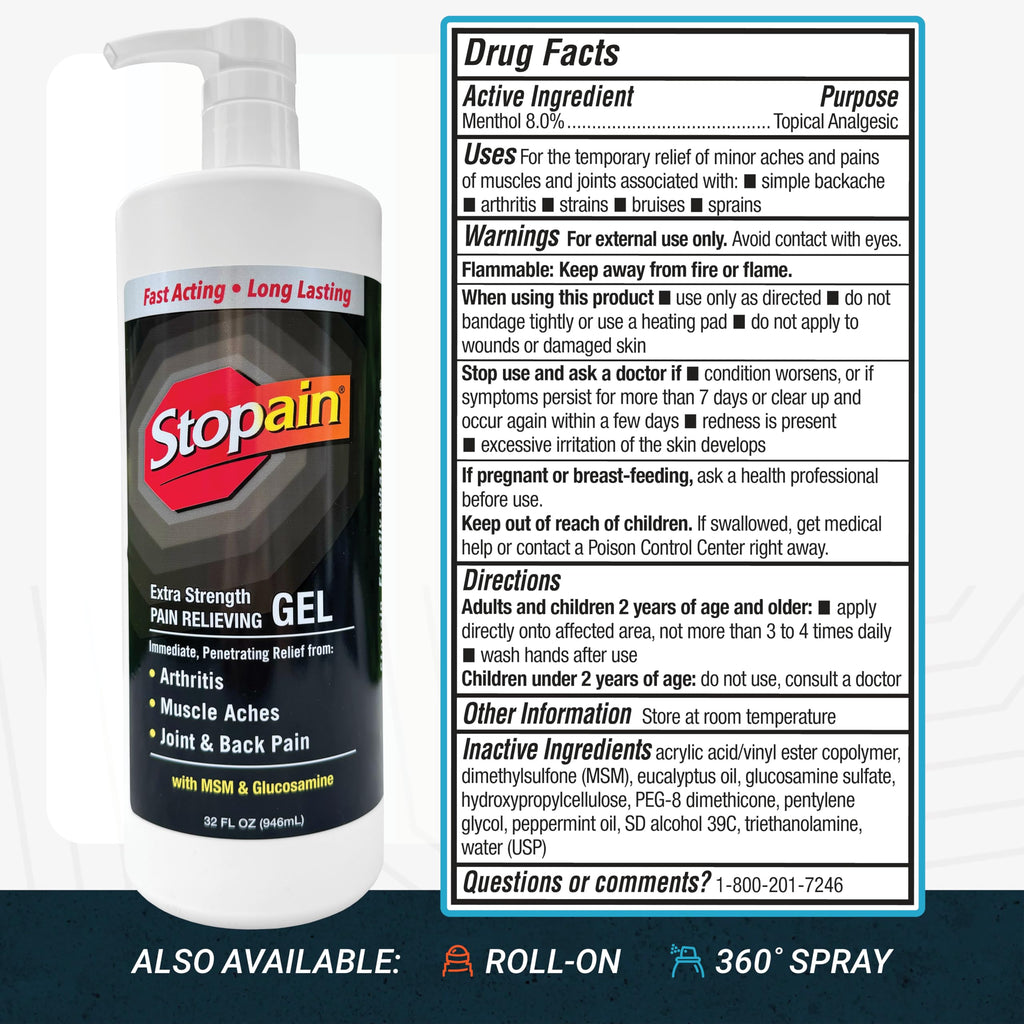 Stopain Pain Relief Gel 32oz, USA Made, Max Strength Fast Acting with Menthol, MSM, Glucosamine for Joint Pain, Back Pain, Arthritis, Knee, Neck Pain, HSA FSA Approved OTC Topical Analgesic Product Stopain Au supplements