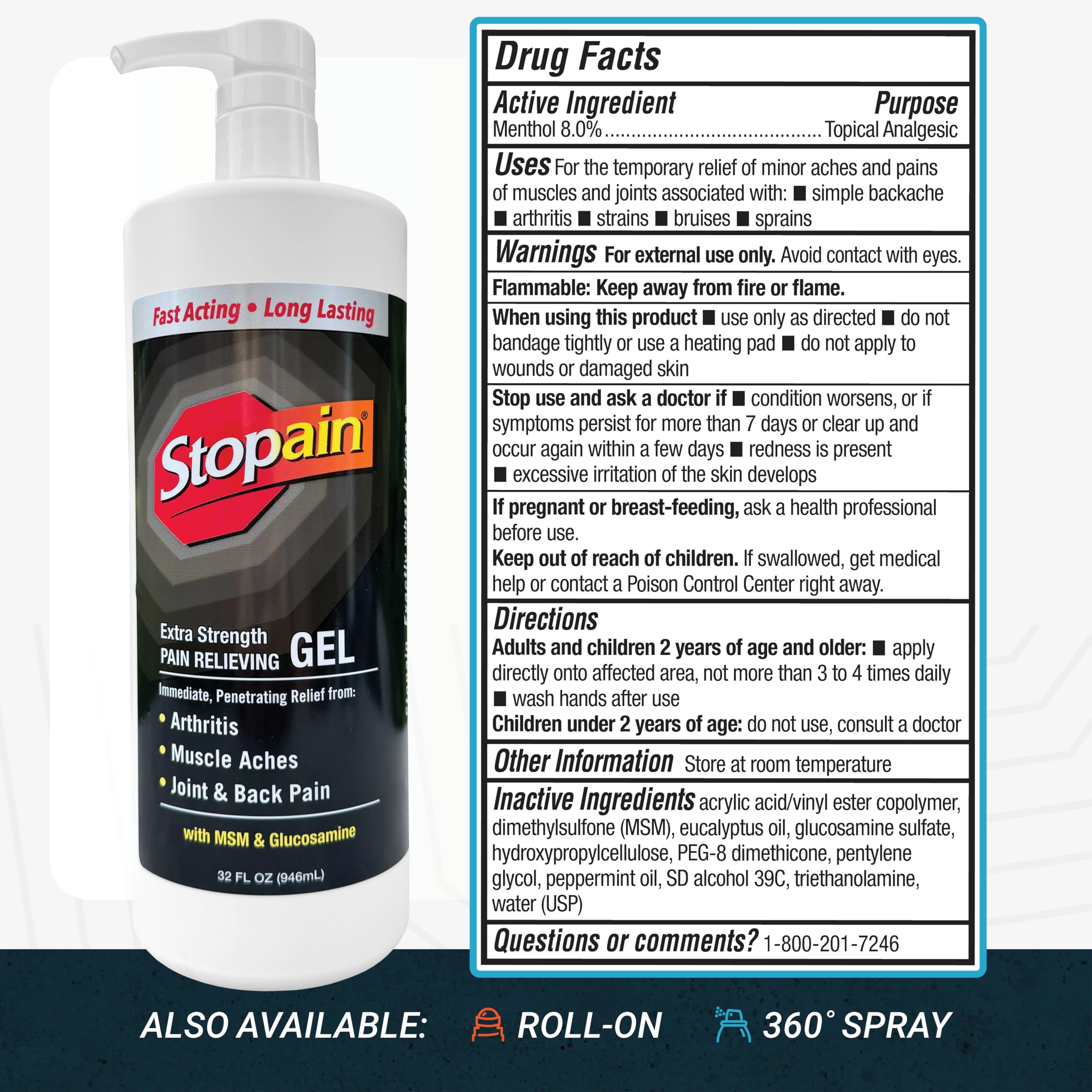 Stopain Pain Relief Gel 32oz, USA Made, Max Strength Fast Acting with Menthol, MSM, Glucosamine for Joint Pain, Back Pain, Arthritis, Knee, Neck Pain, HSA FSA Approved OTC Topical Analgesic Product Stopain Au supplements