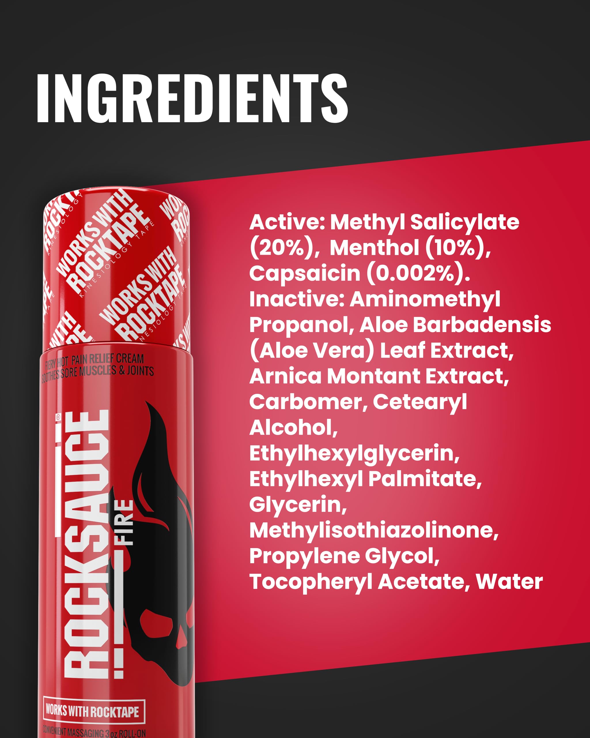 RockSauce Fire, 3 oz Roll-On - Easy to use Pain Relief Cream - Capsaicin & Menthol Formula Relieves Muscle & Joint Pain - Works w/ RockTape - No-Mess Applicator - Dye-Free, Won't Stain Clothes RockTape Au supplements