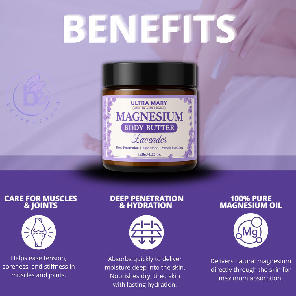 Nighttime Magnesium Cream for Pain, Nerve & Leg Cramps - Magnesium Body Butter for Sleep with Shea Butter, Jojoba Oil, Coconut Extract & Dandelion - Lavender Magnesium Lotion for Kids - 4.23oz ULTRA MARY Au supplements