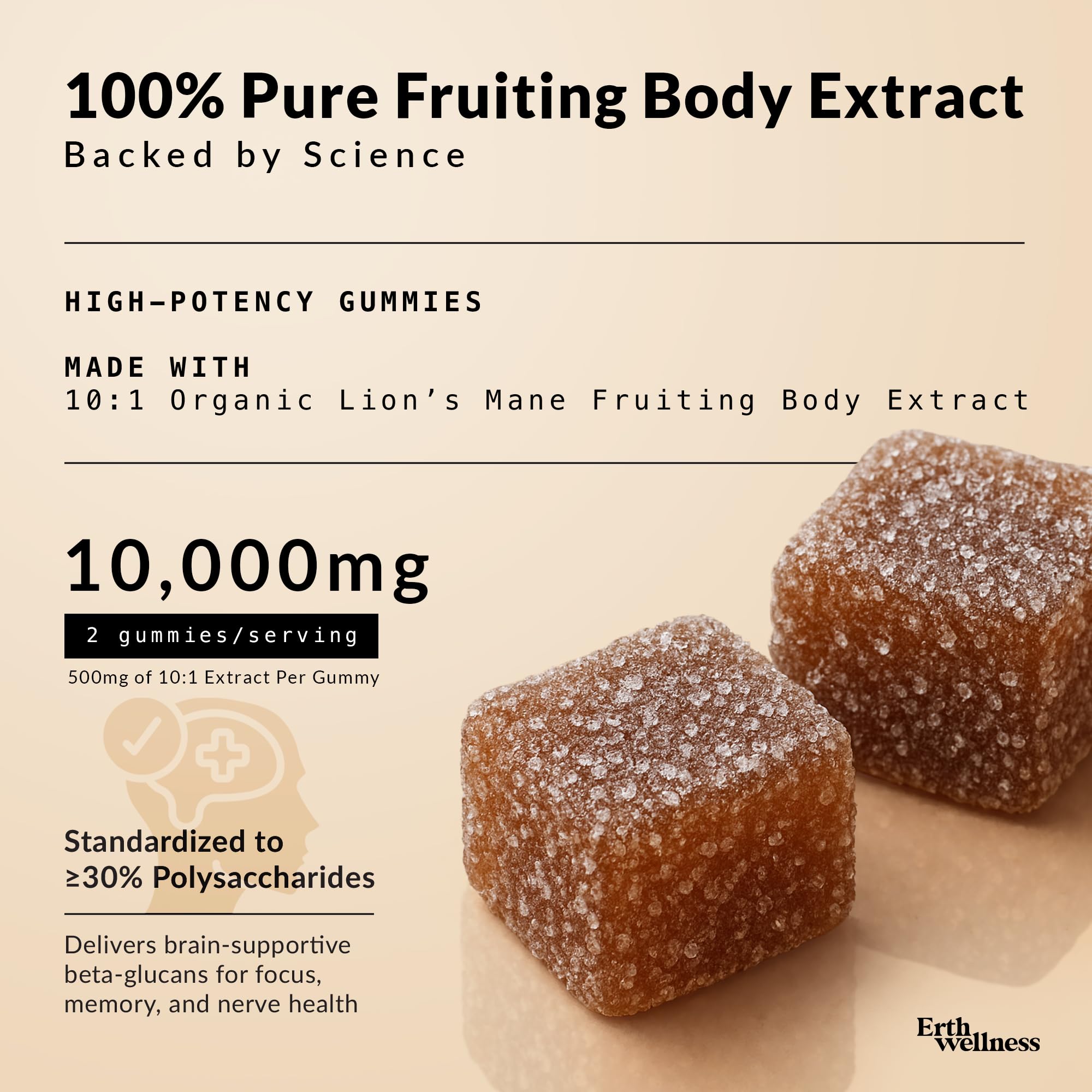 Erth Wellness Lion’s Mane Mushroom Gummies – 10,000mg Fruiting Body Extract per Serving – Brain & Focus Support – Daily Nootropic – Vegan, Low Sugar, Non-GMO – 60 Ct Erth Wellness Au supplements