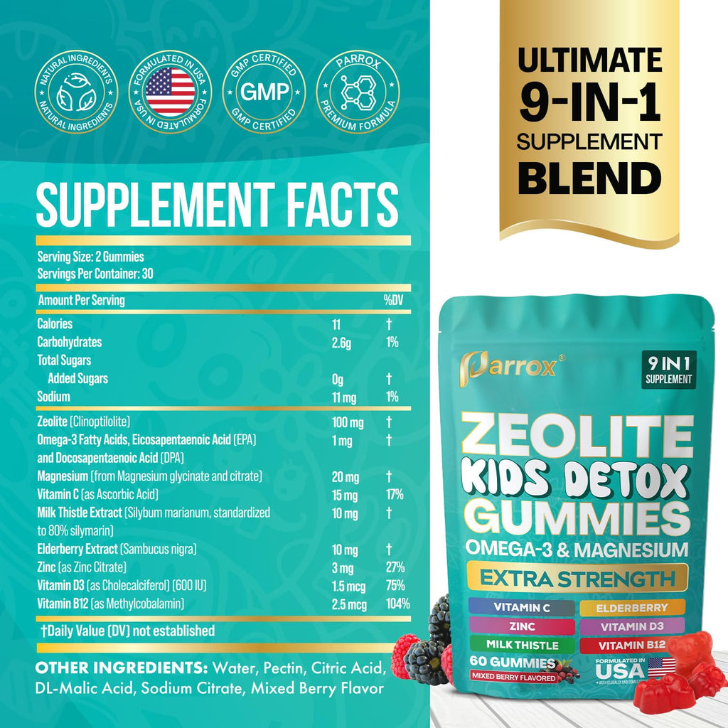 Parrox Zeolite Kids Gummies, 9-in-1 with Zeolite, Omega-3, Magnesium, Elderberry, Vitamin C, Milk Thistle, Vitamin D3, Zinc, B12 – Sugar-Free