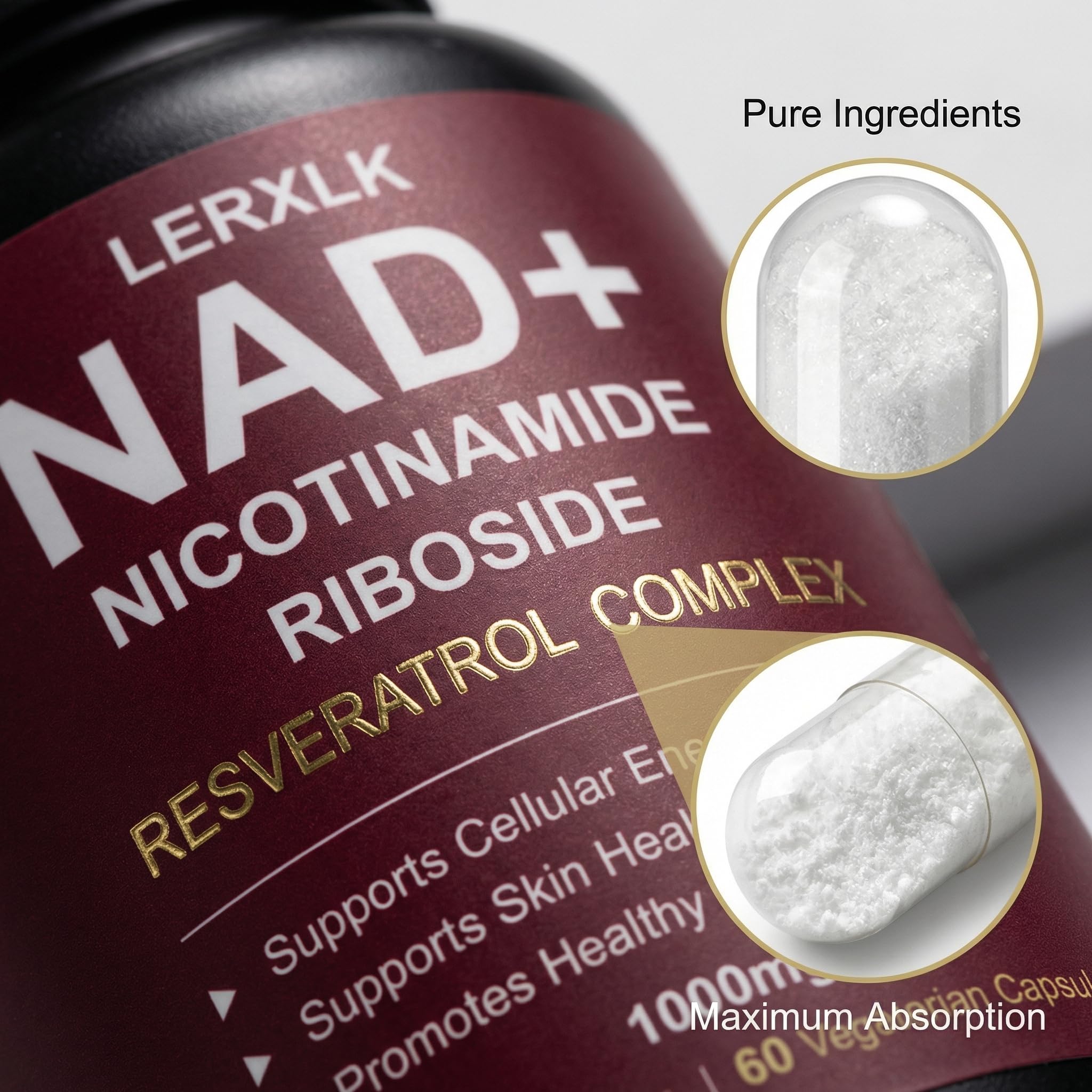 LERXLK NAD+ Supplement 1000mg – Liposomal Nicotinamide Riboside with Resveratrol, Advanced Cellular Energy & Healthy Aging Support, 60 Vegetarian Capsules LERXLK Au supplements