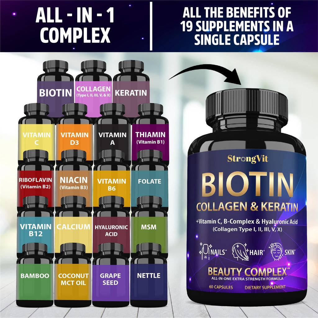 StrongVit Biotin with Hyaluronic Acid, Keratin and Collagen Supplements - 10000mcg for Hair Growth Women and Men