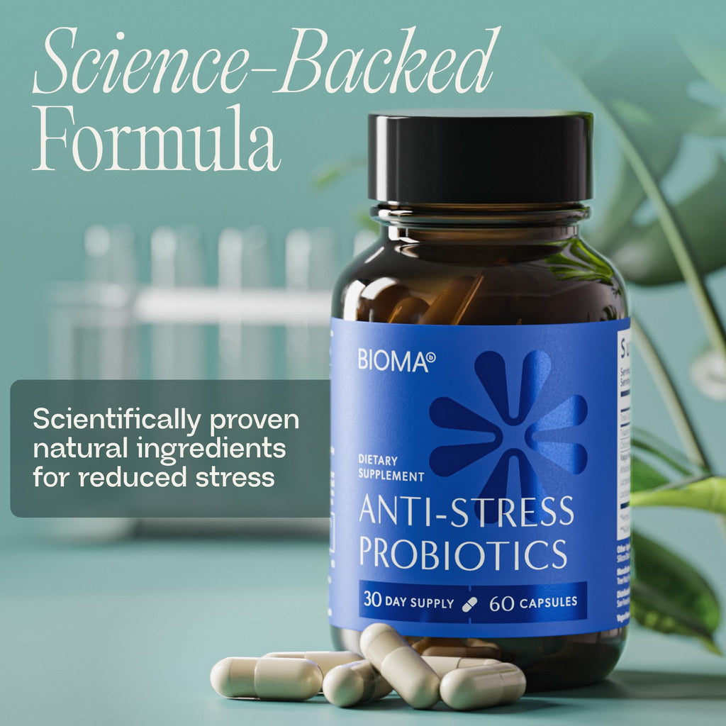 BIOMA Anti-Stress Probiotics – 3-in-1 Gut-Brain Axis Support for Stress Relief & Mood – Prebiotics, Postbiotics & Clinically Studied Strains – Vagus Nerve