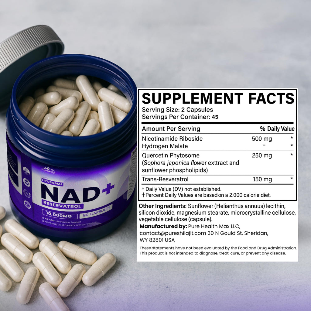 PURE HEALTH MAX PHM NAD Resveratrol Supplement - 10,000MG Extra Strength | NAD+ Liposomal Supplements for Men and Women | NMN & NMNH Alternative | 90 Capsules, 1.5 Months Supply PURE HEALTH MAX Au supplements