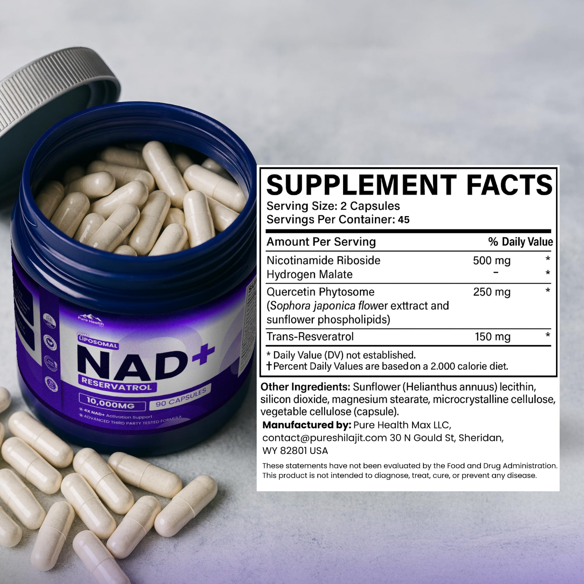 PURE HEALTH MAX PHM NAD Resveratrol Supplement - 10,000MG Extra Strength | NAD+ Liposomal Supplements for Men and Women | NMN & NMNH Alternative | 90 Capsules, 1.5 Months Supply PURE HEALTH MAX Au supplements