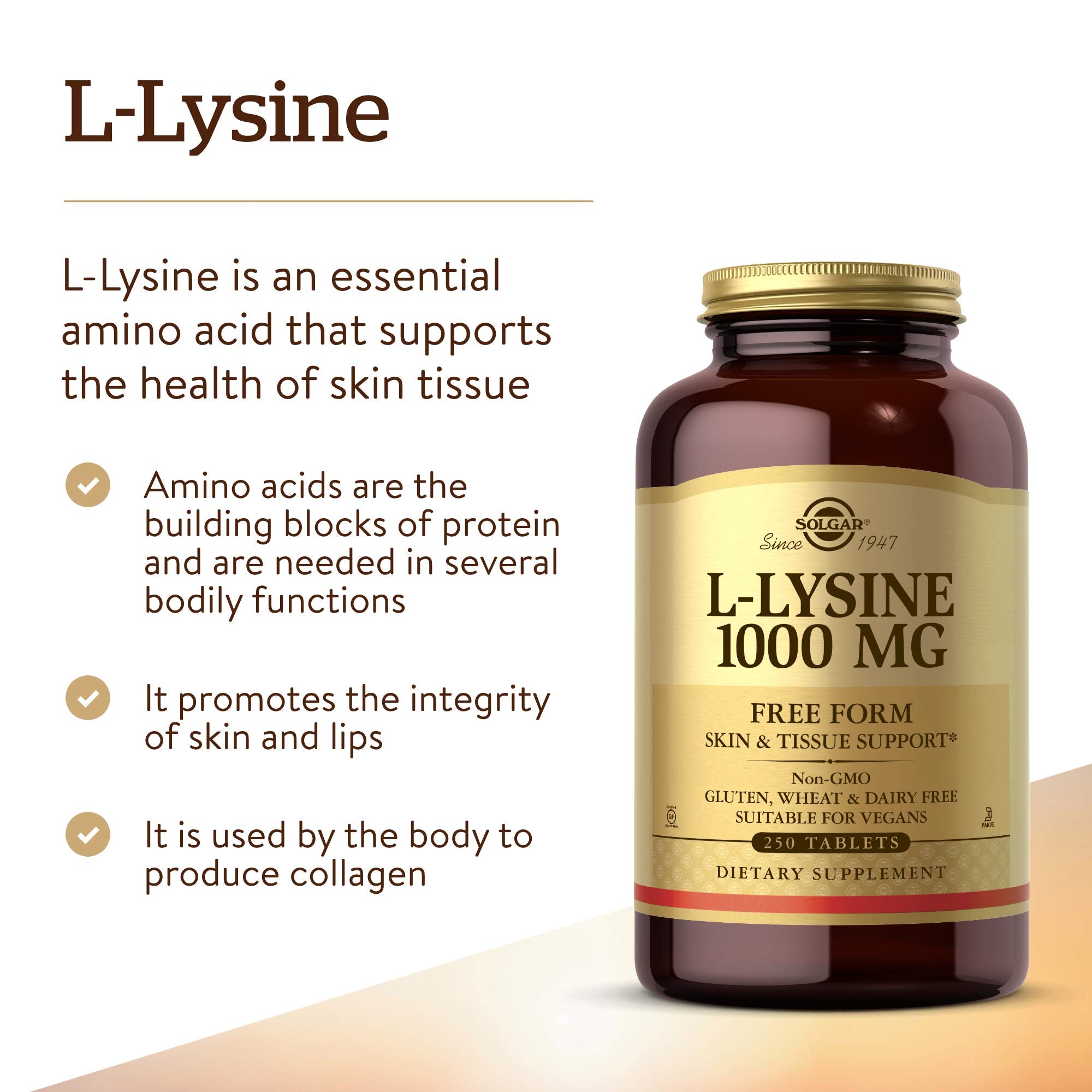 Solgar L-Lysine 1000 mg, 250 Tablets - Enhanced Absorption and Assimilation - Promotes Integrity of Skin and Lips - Collagen Support - Amino Acids