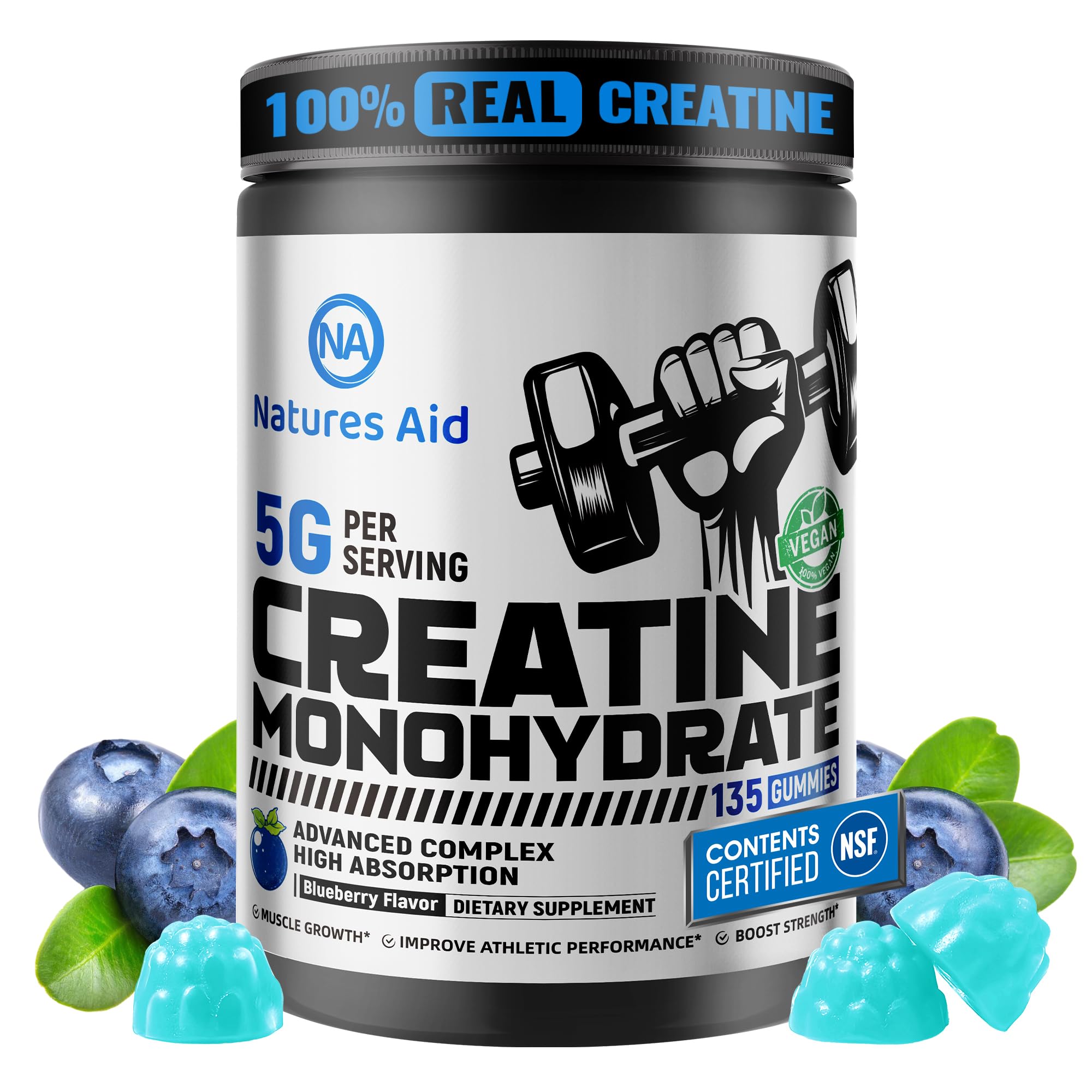 Natures Aid NSF Certified Creatine Gummy 5g - Creatine Monohydrate Gummies – Pre-Workout Energy & Muscle Growth Support for Men & Women