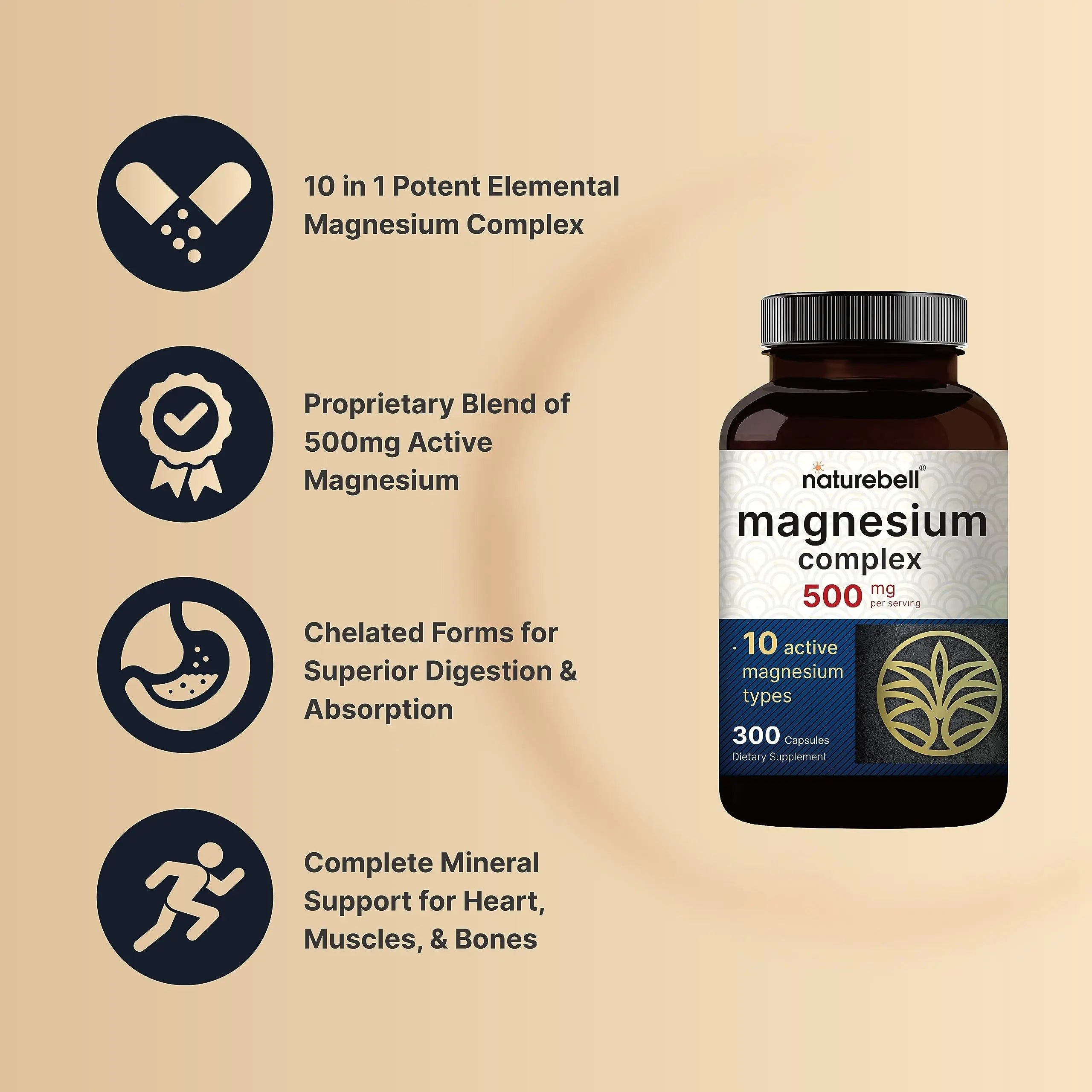 Magnesium Complex Supplement 500mg, 300 Capsules | 10 Active Forms – Glycinate NatureBell Au supplements