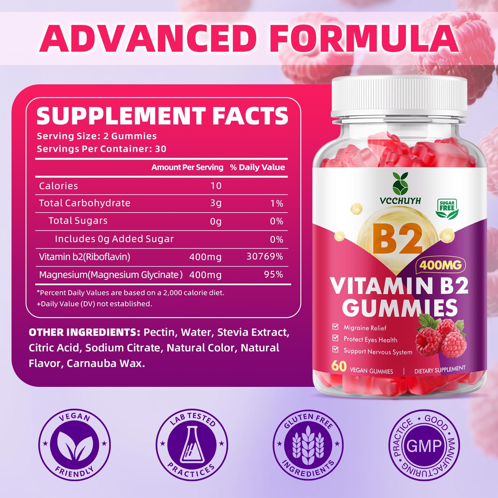 VCCHUYH Vitamin B2 Gummies for Kids & Adults, VIT B2 Riboflavin 400mg Supplement with Magnesium for Migraine Relief & Nervous System Support, Non-GMO