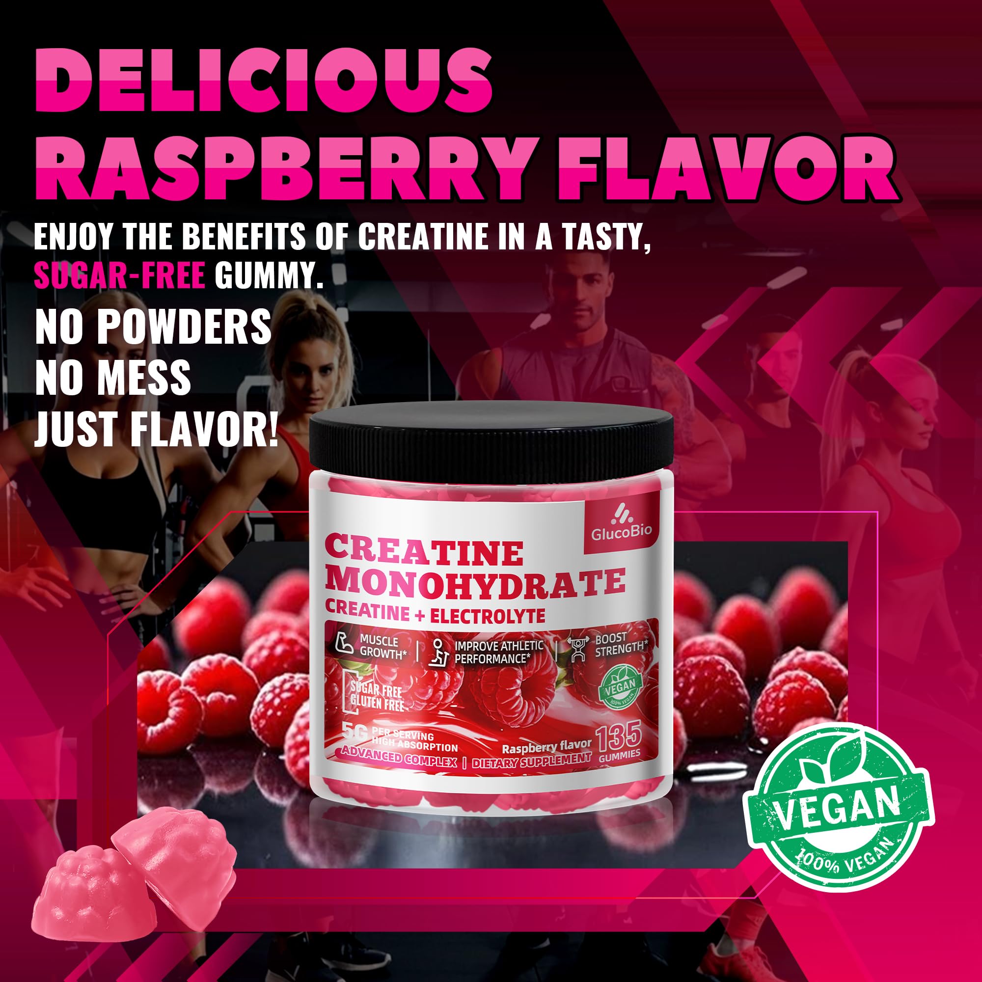 GlucoBio Creatine Monohydrate Gummies (5g) – Pre-Workout Energy & Muscle Growth Support for Men & Women