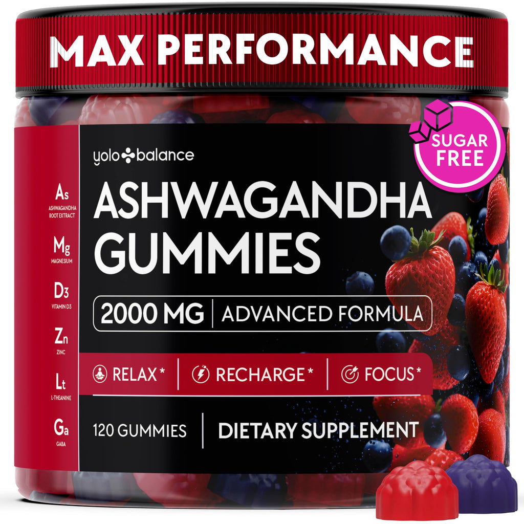 Ashwagandha Gummies – 120 Count - 2000 MG Ashwagandha Supplements with L-Theanine, GABA, Magnesium, Zinc & Vitamin D3 – Sugar-Free, Vegan,