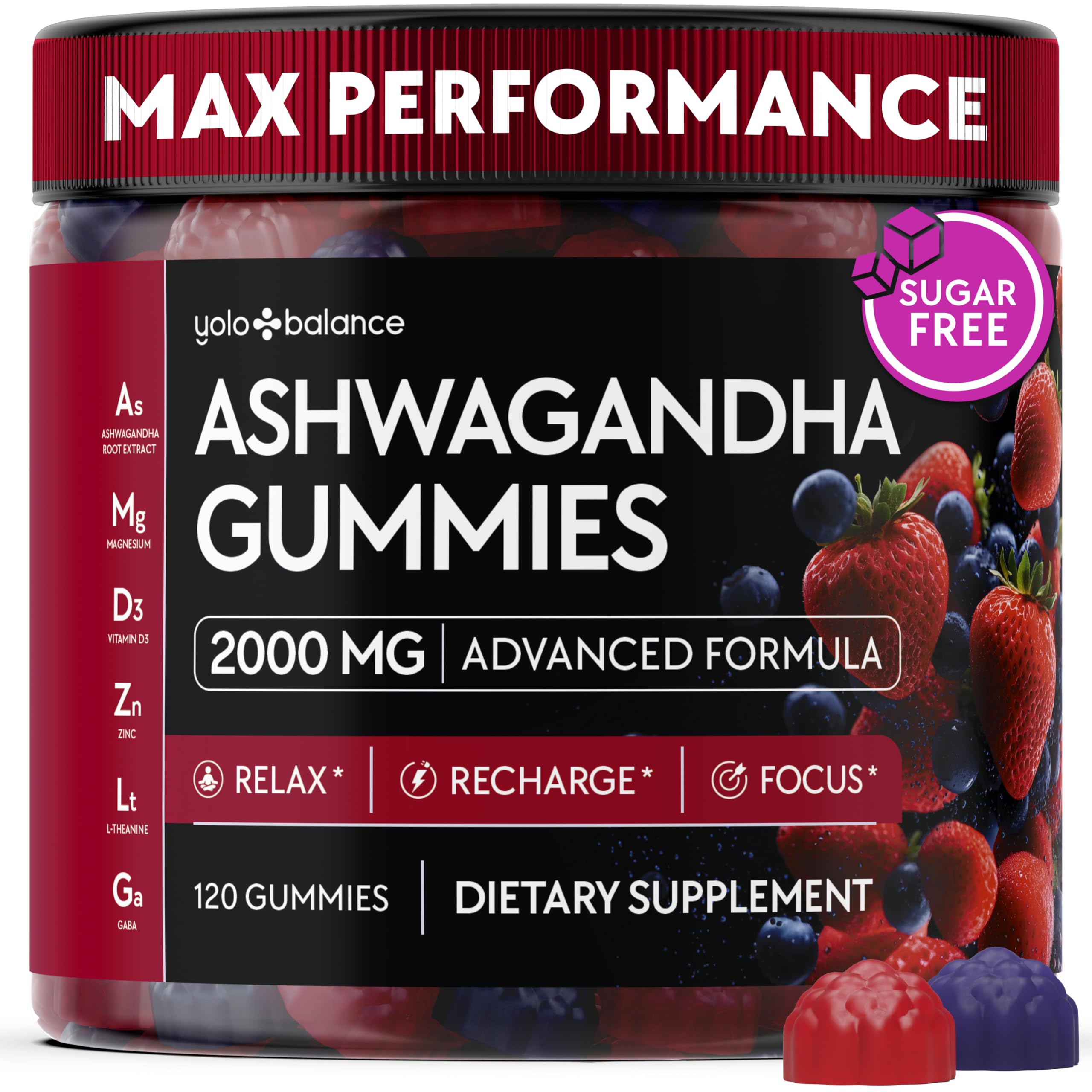 Ashwagandha Gummies – 120 Count - 2000 MG Ashwagandha Supplements with L-Theanine, GABA, Magnesium, Zinc & Vitamin D3 – Sugar-Free, Vegan,