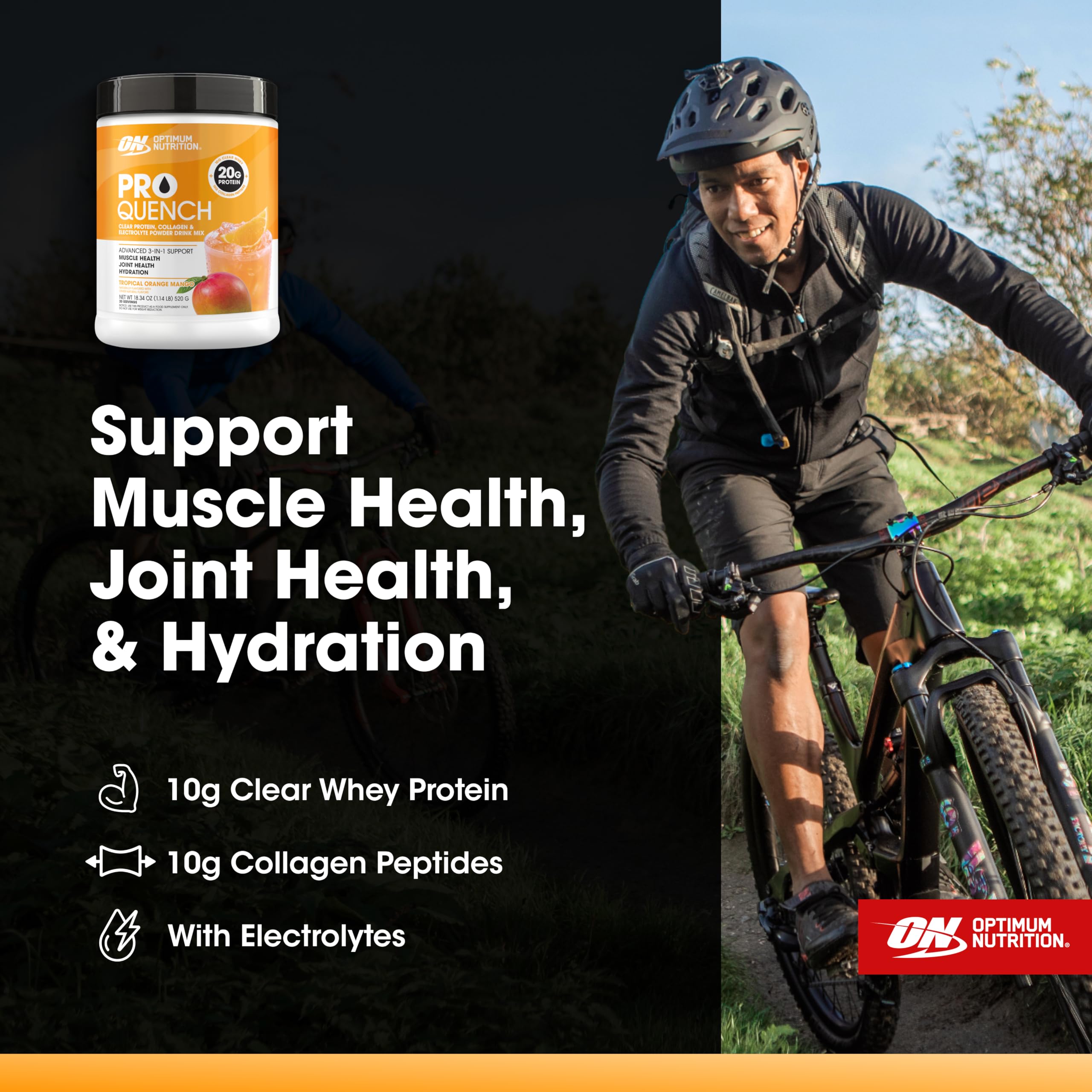 Optimum Nutrition Pro Quench, 10g Clear Protein, 10g Collagen peptides & Electrolyte Powder Drink Mix, Tropical Orange Mango, 20 Servings,
