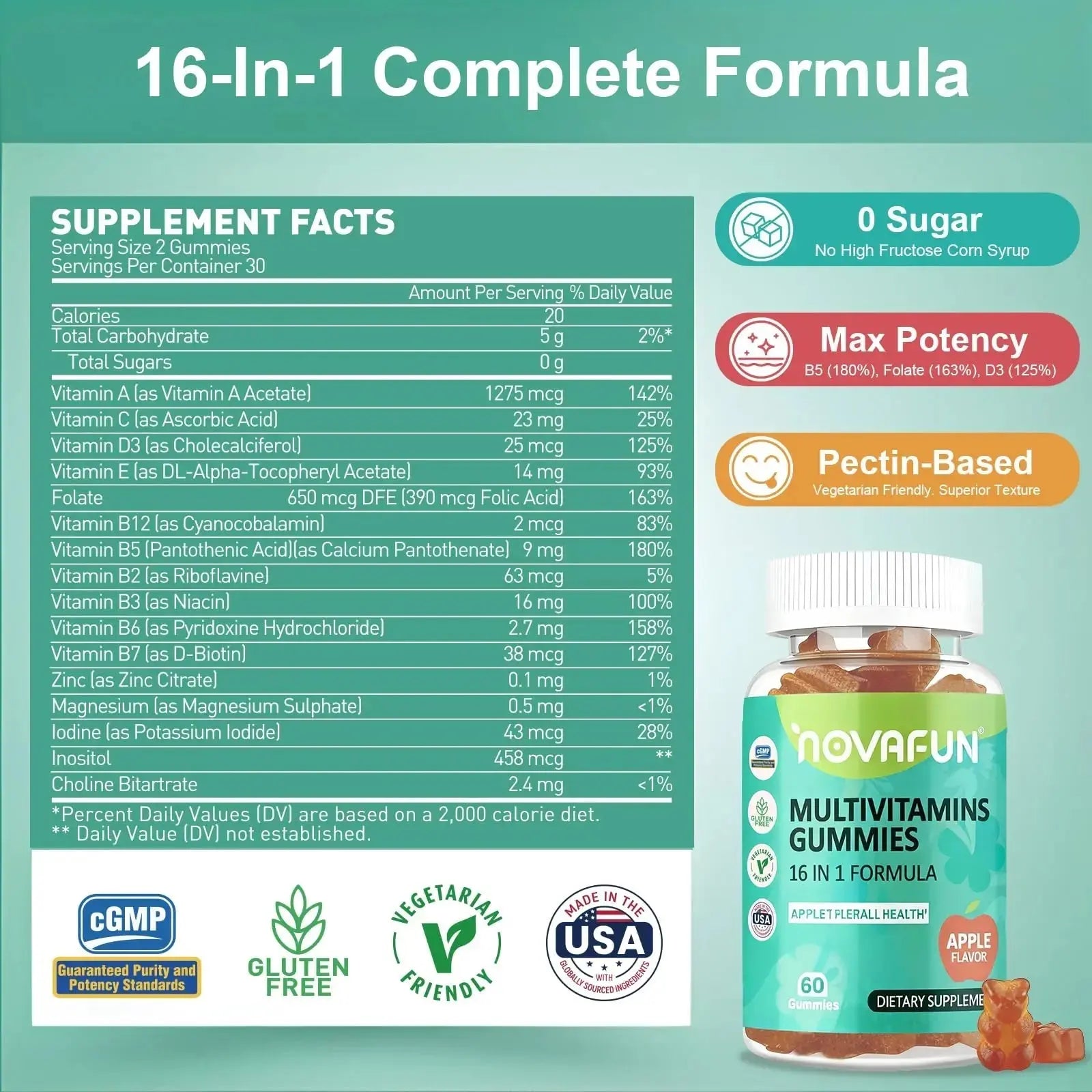 Novafun Multivitamin Gummies,16-in-1 Multi Vitamin Supplements for Women, Men & Kids, Essential Vitamins & Minerals Novafun Au supplements