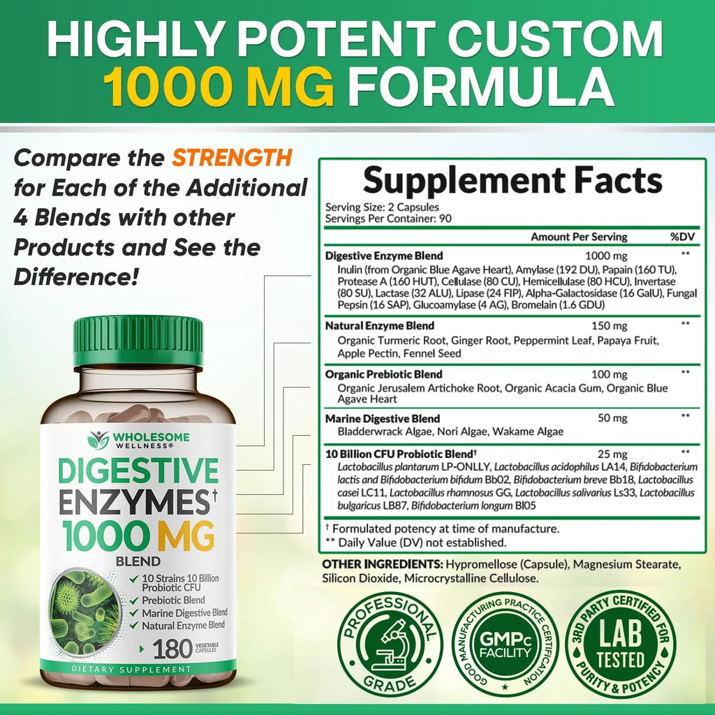 Wholesome Wellness Digestive Enzymes 1000MG Plus Prebiotics & Probiotics Supplement, 180 Capsules, Organic Plant-Based Vegan Formula for Digestion Wholesome Wellness Au supplements