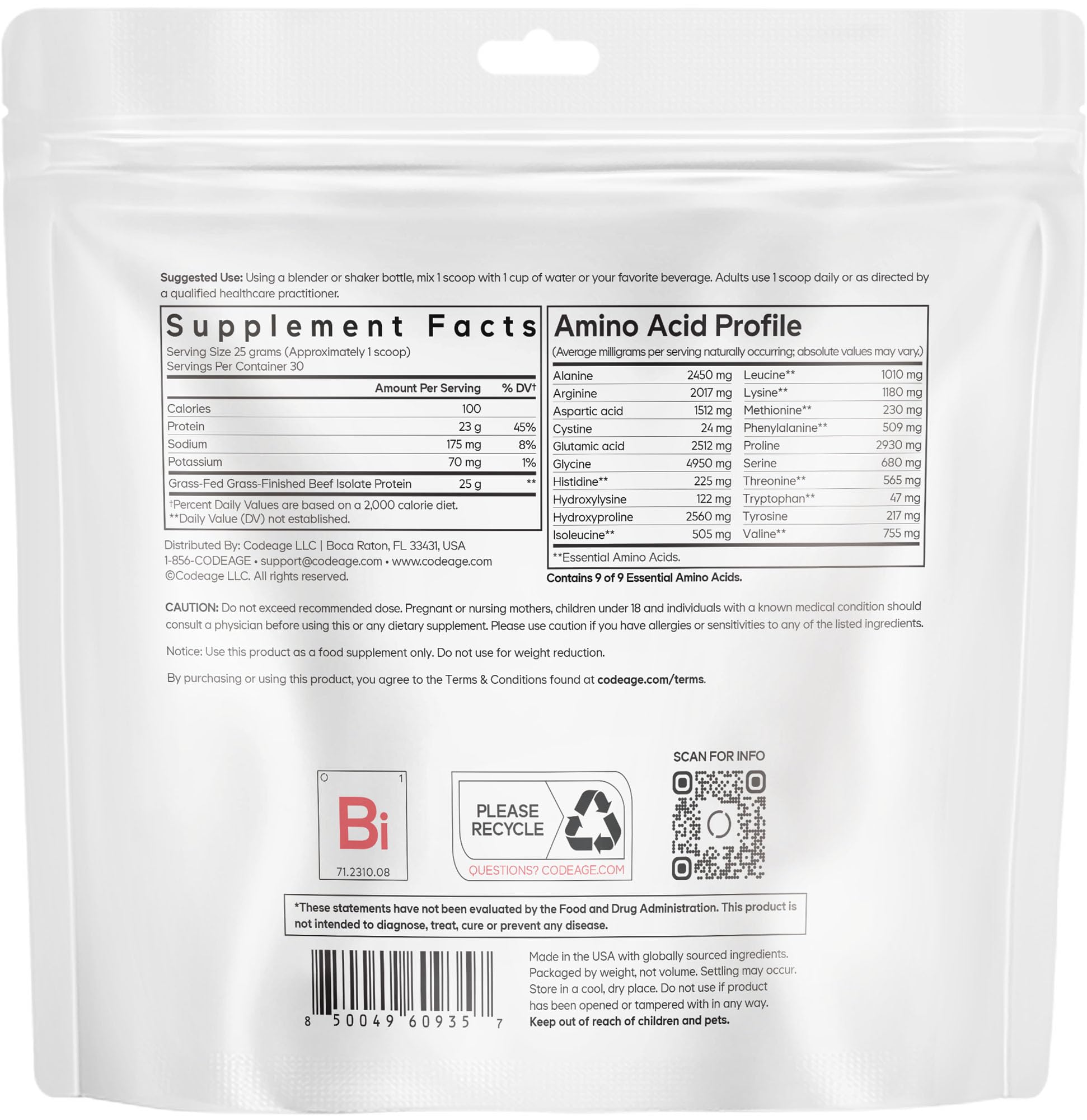 Codeage Grass-Fed Beef Isolate Protein Powder Supplement - 20 Amino Acids, Collagen-Rich - Athletes & Sports - Unflavored Carnivore Protein Supplement, BCAA & EAA - Gluten-Free - 26.45 oz Codeage Au supplements