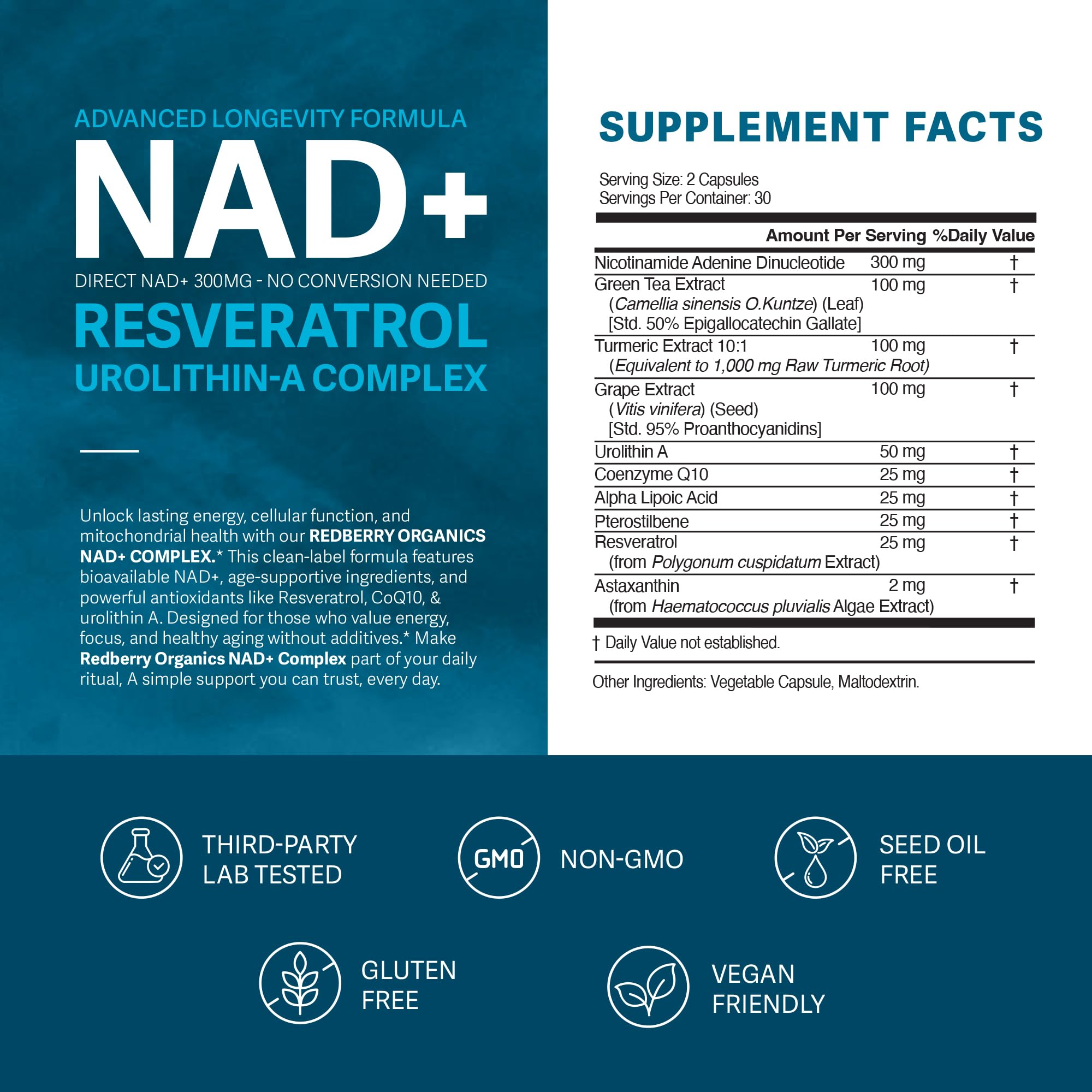 NAD Supplement with Direct NAD+ 300mg (NAD Plus) | Advanced Longevity Complex with Urolithin A & Resveratrol | NMN Alternative | 60 Capsules | Non-GMO, Gluten Free | Made in USA Redberry Organics Au supplements