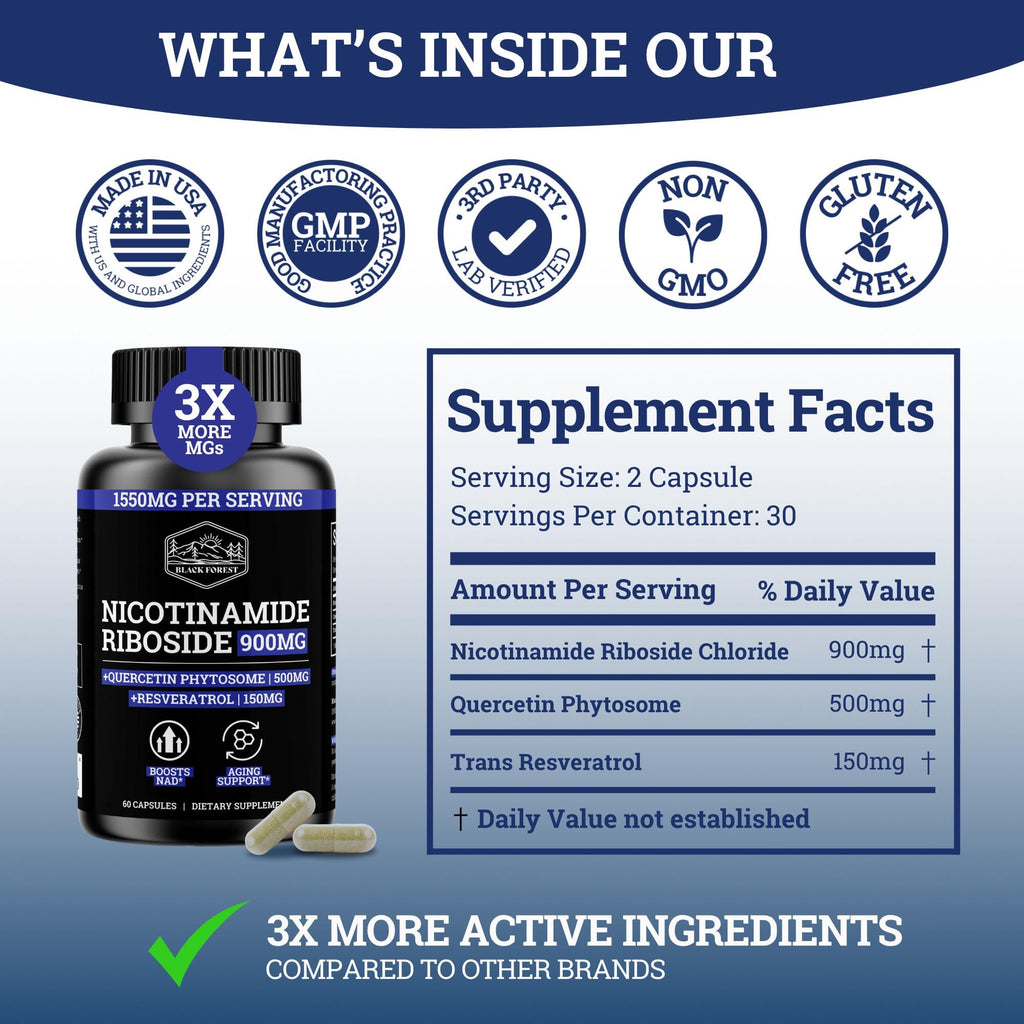Black Forest NAD Nicotinamide Riboside 900 mg (Liposomal Nicotinamide Riboside 900mg Resveratrol, Quercetin 500mg & 150mg of NAD Resveratrol Supplement) 1550 MGS NR Supplement 900mg NAD+ Black Forest Au supplements