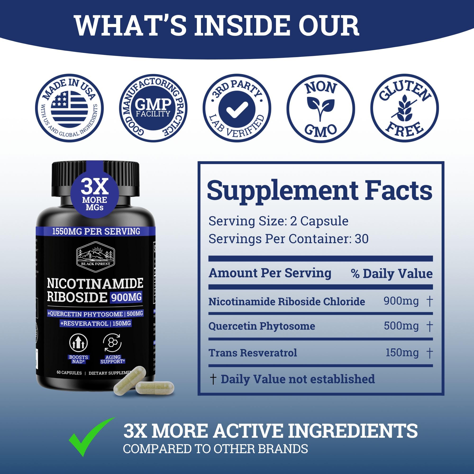 Black Forest NAD Nicotinamide Riboside 900 mg (Liposomal Nicotinamide Riboside 900mg Resveratrol, Quercetin 500mg & 150mg of NAD Resveratrol Supplement) 1550 MGS NR Supplement 900mg NAD+ Black Forest Au supplements