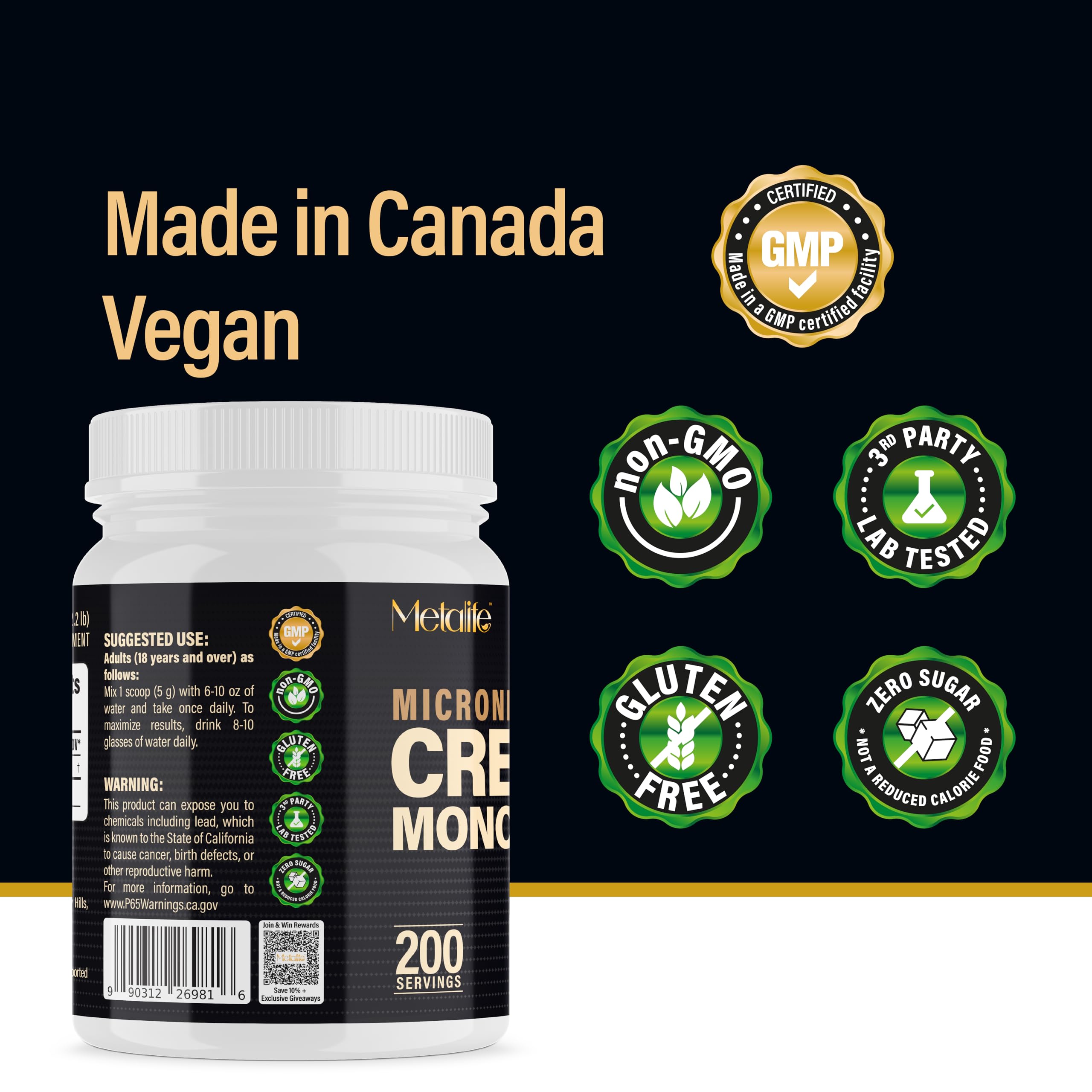 METALIFE 100% Pure Creatine Monohydrate Powder, Canada-Made, 1000 g (200 Servings) Micronized Powder, Muscle Growth, Unflavored, Ideal for Athletes & Fitness Enthusiasts, Third party lab tested, Vegan METALIFE Au supplements