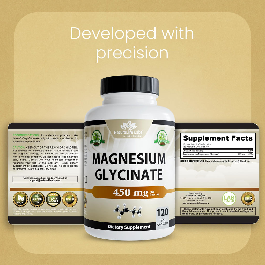 NaturaLife Labs Magnesium Glycinate - 450 mg per Serving – 120 Vegan Capsules - Non-GMO, Gluten-Free, Vegan