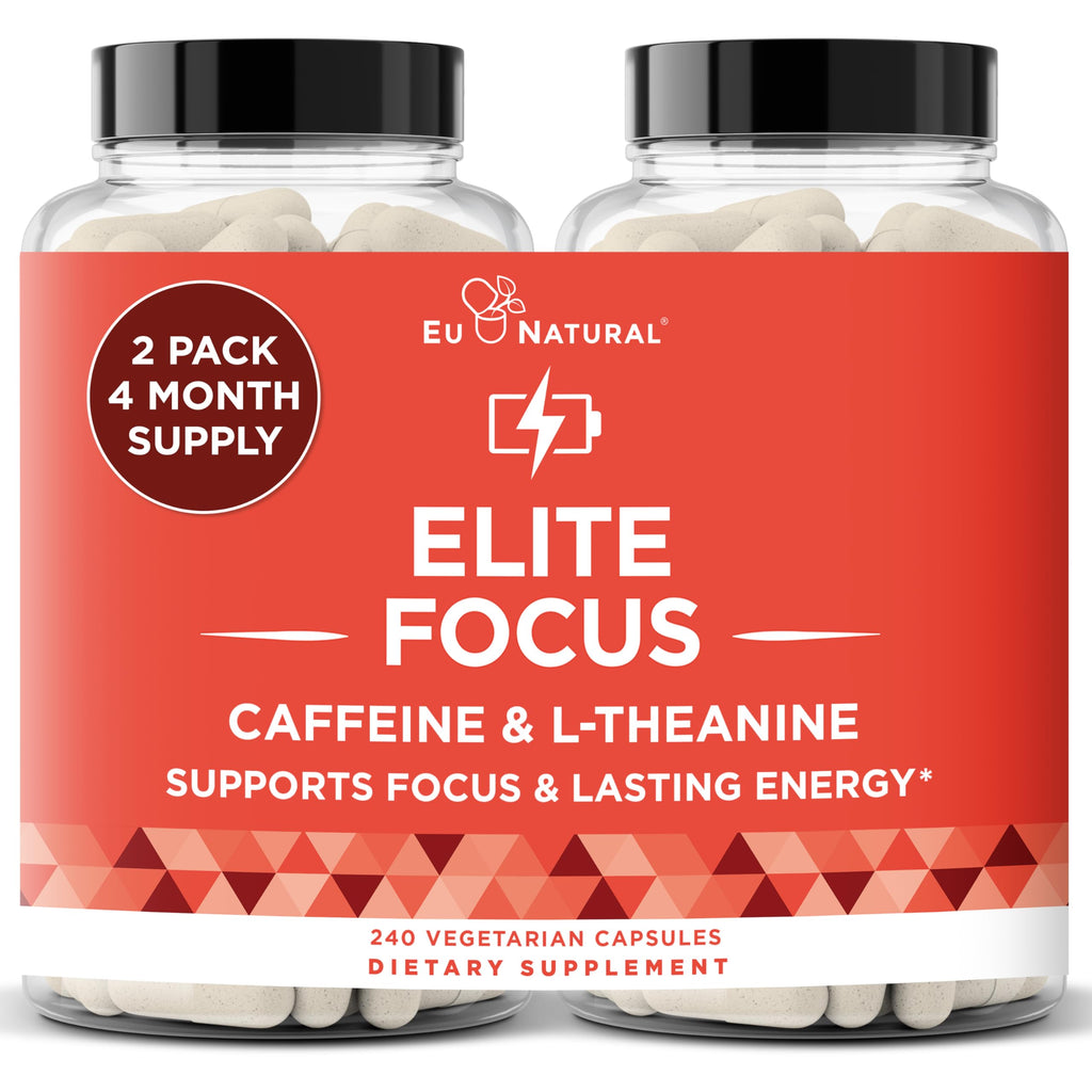 Eu Natural Elite Caffeine Pills with L-Theanine - 100mg Caffeine + 200mg L-Theanine - Jitter-Free Focused Energy & Clean Nootropic Stack - 240 Soft Capsules Eu Natural Au supplements