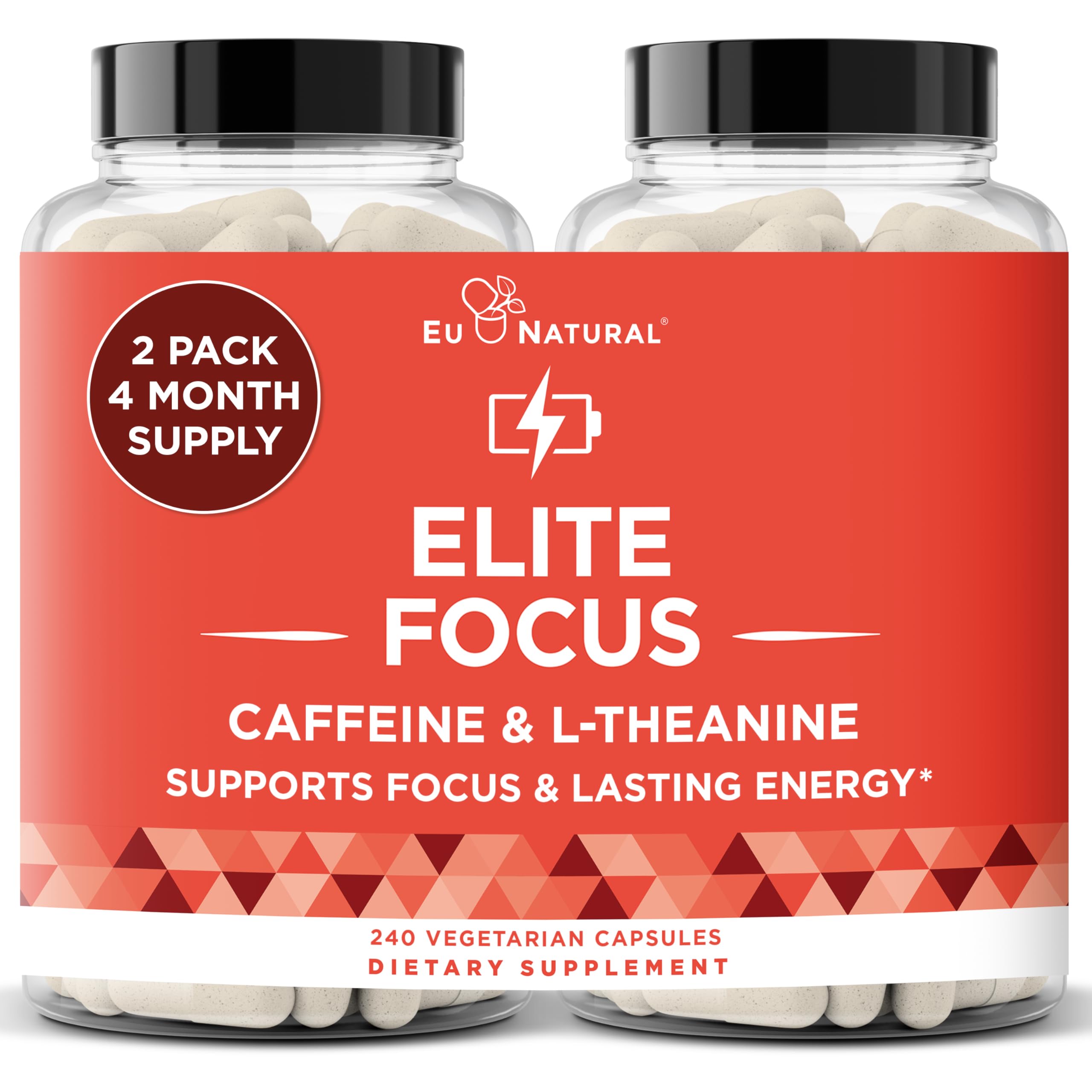 Eu Natural Elite Caffeine Pills with L-Theanine - 100mg Caffeine + 200mg L-Theanine - Jitter-Free Focused Energy & Clean Nootropic Stack - 240 Soft Capsules Eu Natural Au supplements