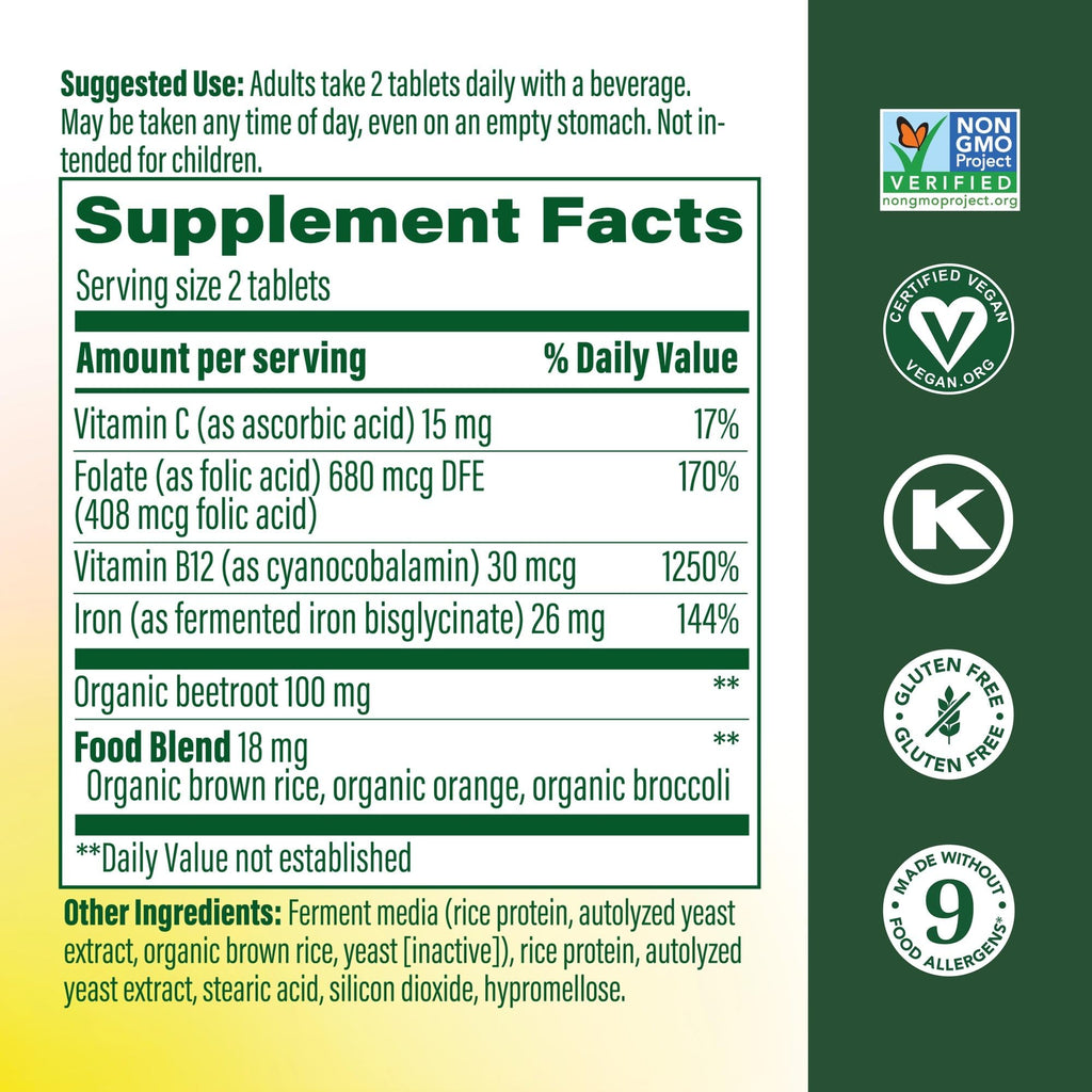 MegaFood Blood Builder Iron Supplement for Women & Men - Increase Iron Levels Without Side Effects - Combats Fatigue - Vitamin B12, Folic Acid & Vitamin C