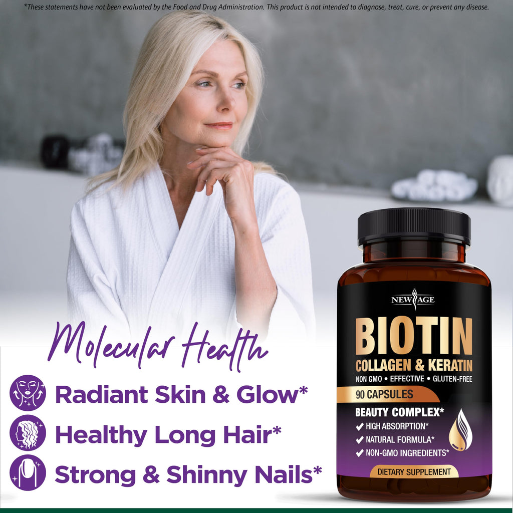NEW AGE Biotin Collagen Keratin Hyaluronic Acid - 50,000mcg Hair Growth Vitamins for Men and Women, Nails, Hair, Skin Vitamins and DHT Blocker with Vitamin E Folic