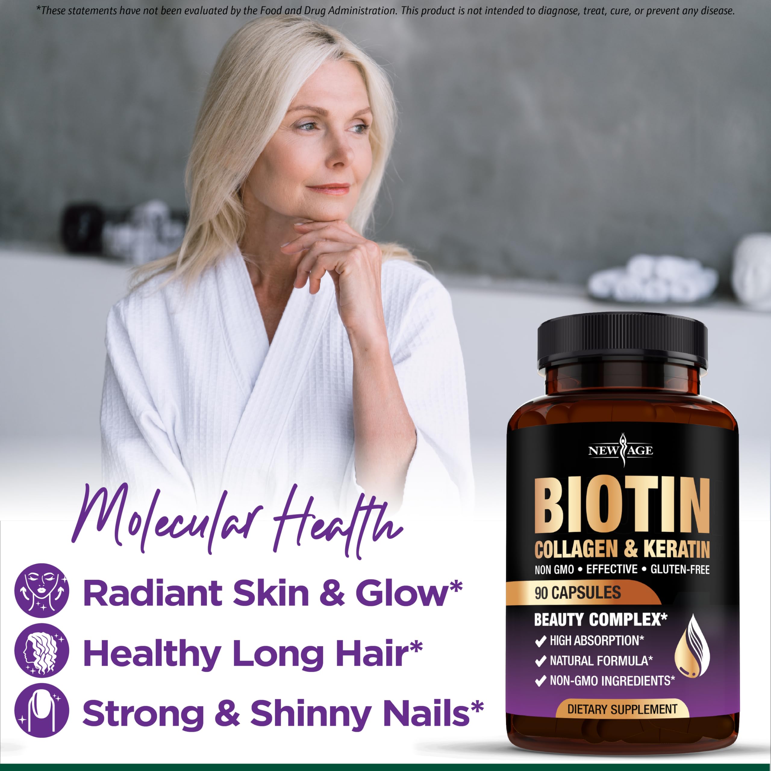 NEW AGE Biotin Collagen Keratin Hyaluronic Acid - 50,000mcg Hair Growth Vitamins for Men and Women, Nails, Hair, Skin Vitamins and DHT Blocker with Vitamin E Folic