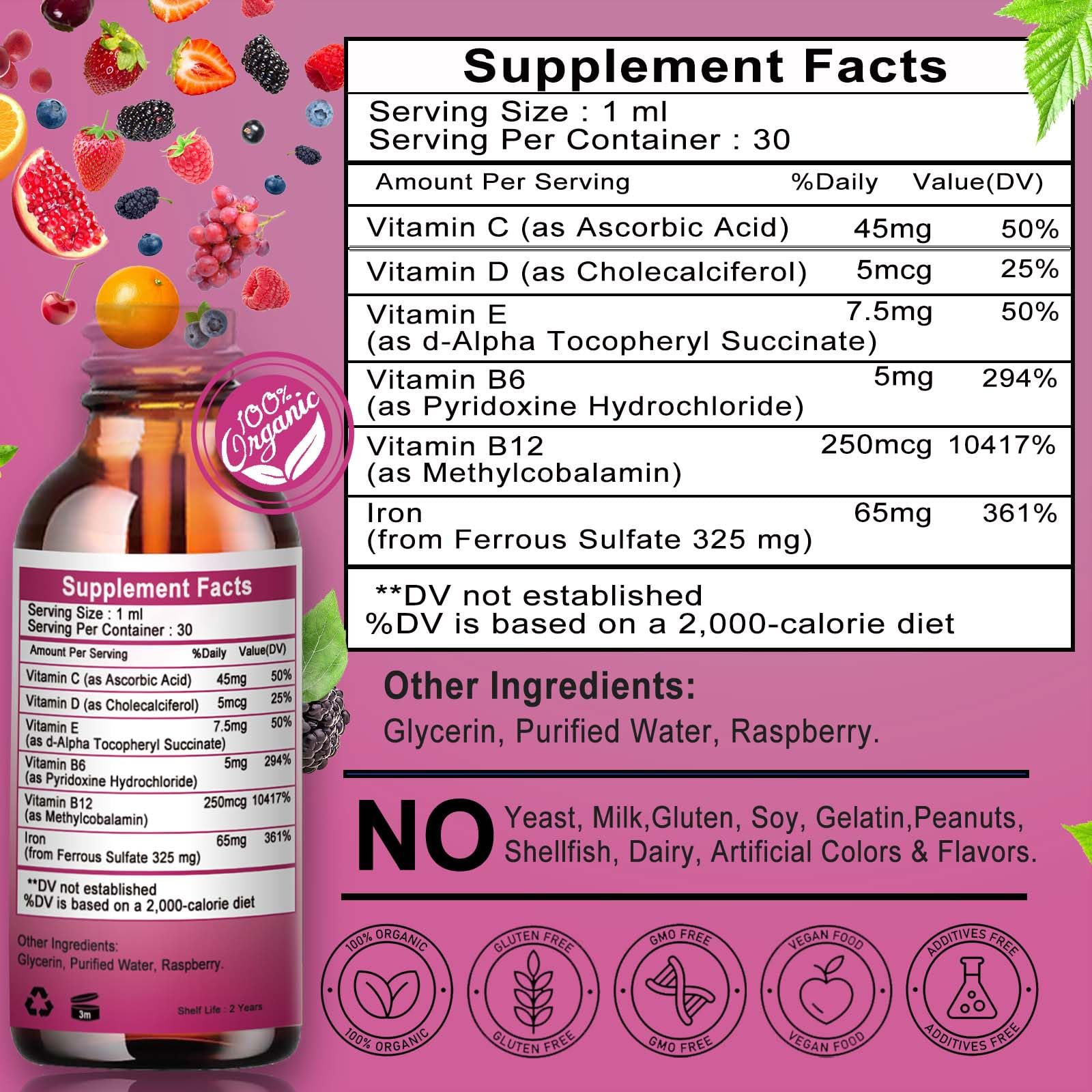 Vita letuo Iron Supplement for Women with Vitamin C,6-in-1 Liquid Supplement w/Vitamin B12,Vitamin B6,High Absorption Liquid Iron Drops for Red Blood Cells
