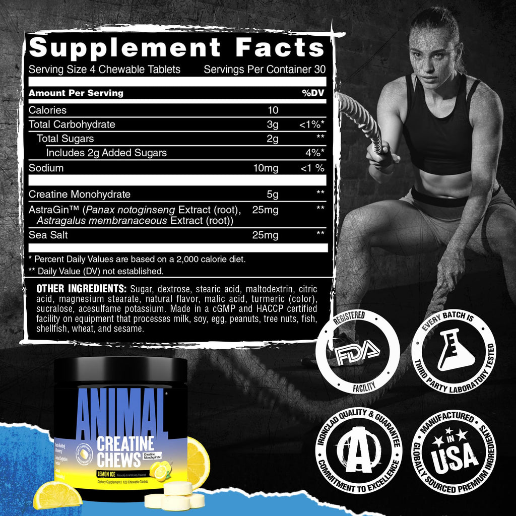 Animal Creatine Chews Tablets - Enhanced Creatine Monohydrate with AstraGin to Improve Absorption, Sea Salt for Added Pumps, Delicious and Convenient Chewable Tablets - Lemon Ice Animal Au supplements