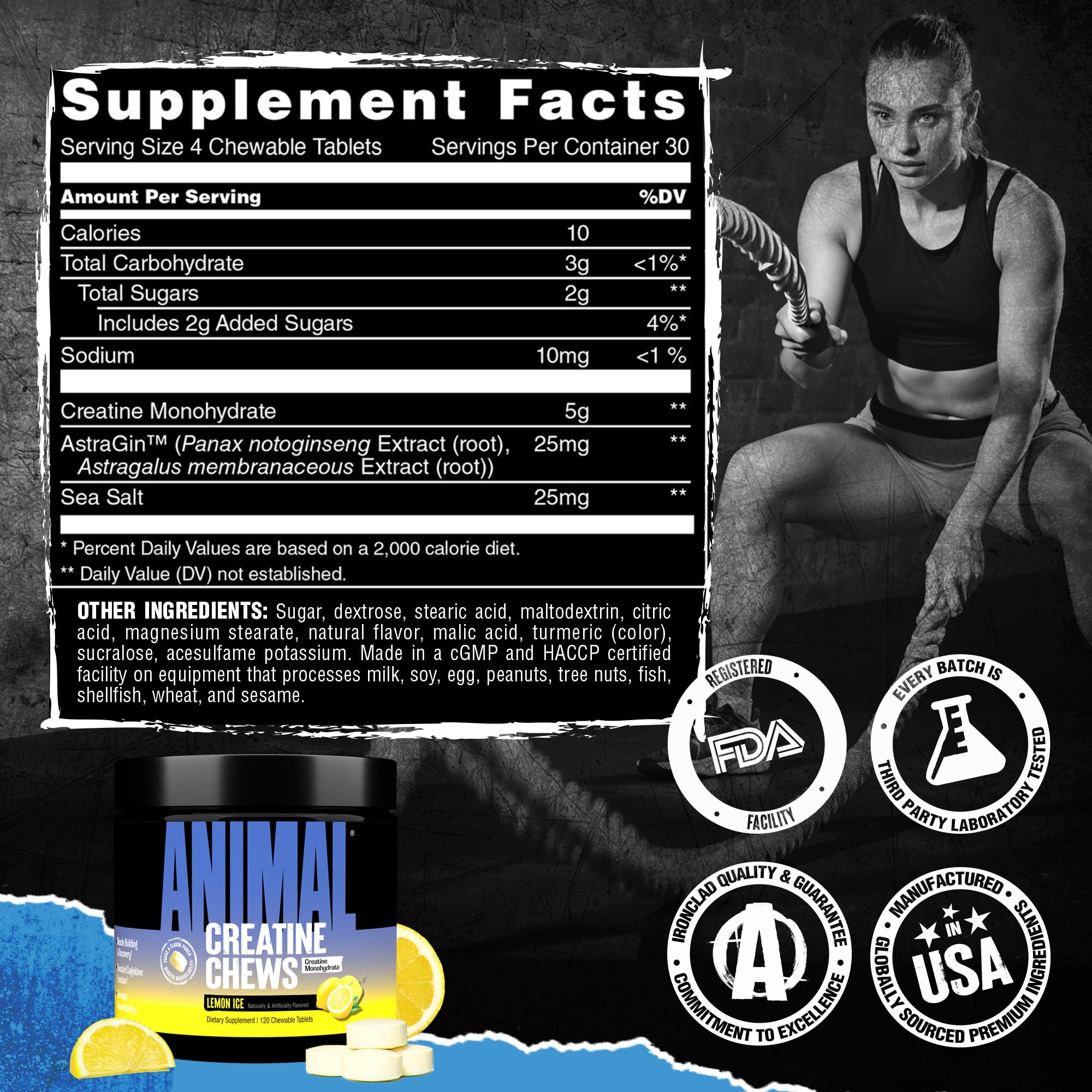 Animal Creatine Chews Tablets - Enhanced Creatine Monohydrate with AstraGin to Improve Absorption, Sea Salt for Added Pumps, Delicious and Convenient Chewable Tablets - Lemon Ice Animal Au supplements