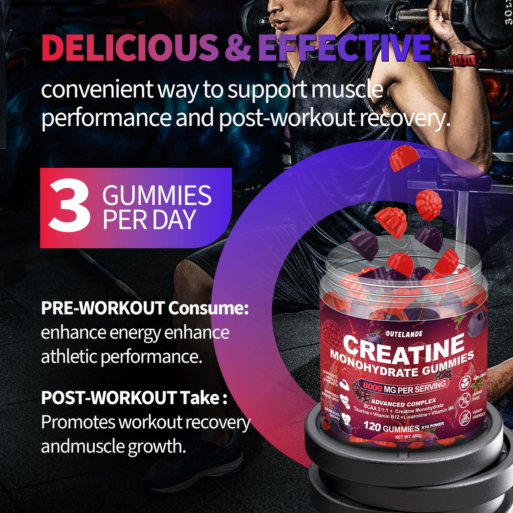 Creatine Monohydrate Gummies 8000 mg for Men & Women, Creatine Supplement for Enhanced Muscle Growth, Energy Boost - with L-Taurine, Sugar Free, Vegan