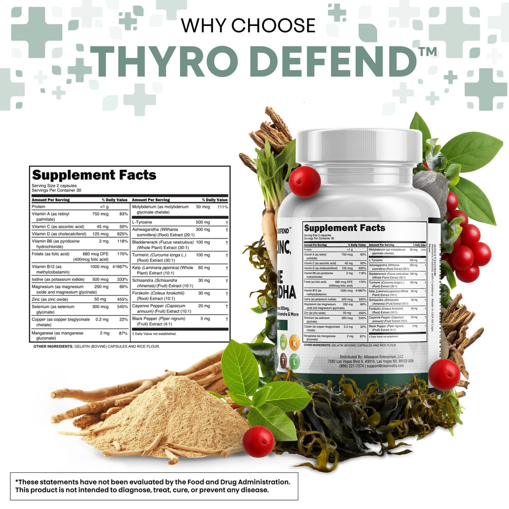 Clean Nutra Selenium 300mcg Iodine 500mcg Thyroid Support for Women & Men | L Tyrosine 500mg Ashwagandha Supplement Bladderwrack, Turmeric, Kelp, Schisandra Zinc Pills Capsule Supplements Clean Nutraceuticals Au supplements