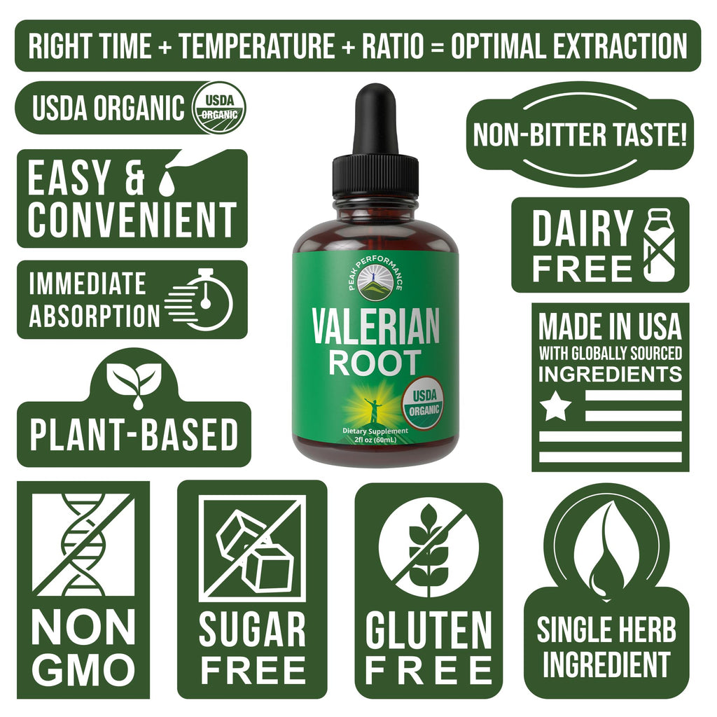 USDA Organic Valerian Root Liquid Drops Supplement. Vegan Extract Tincture for Relaxation, Sleep, Calm. Great Alternative to Valerian Capsules. Zero Sugar, Gluten Free Supplements for Women and Men Peak Performance Au supplements