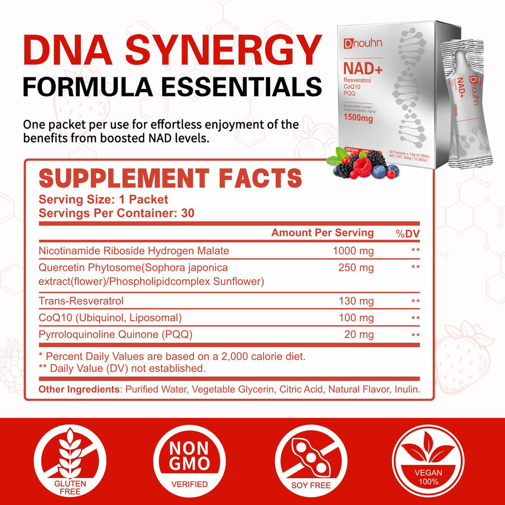 DNOUHN NAD Liquid Supplement 1500mg, Nicotinamide Riboside & Resveratrol with PQQ, NAD Supplement for Women & Men, Boosts Cellular Energy, Anti-Aging, Immune, Focus, 30 Packets DNOUHN Au supplements