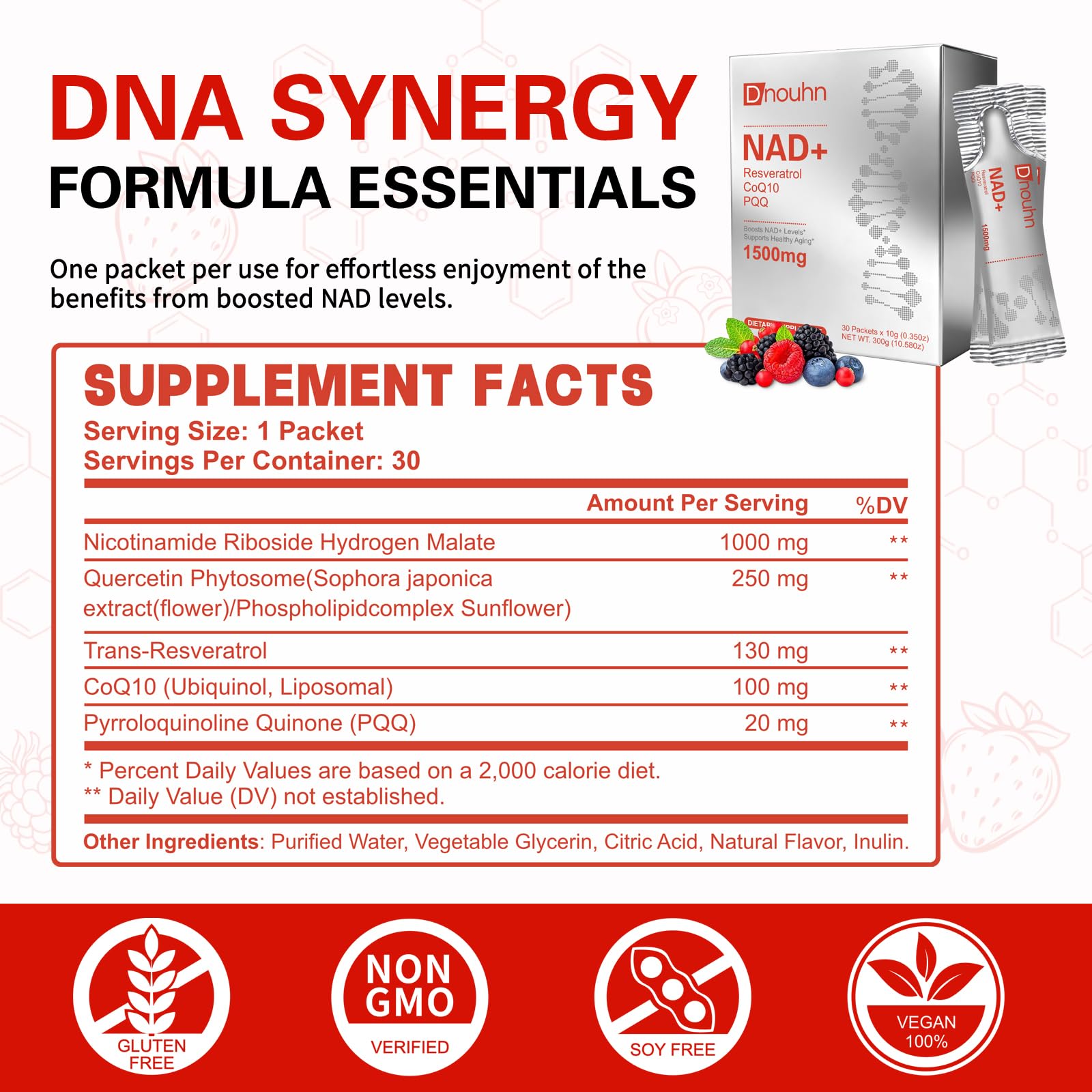DNOUHN NAD Liquid Supplement 1500mg, Nicotinamide Riboside & Resveratrol with PQQ, NAD Supplement for Women & Men, Boosts Cellular Energy, Anti-Aging, Immune, Focus, 30 Packets DNOUHN Au supplements