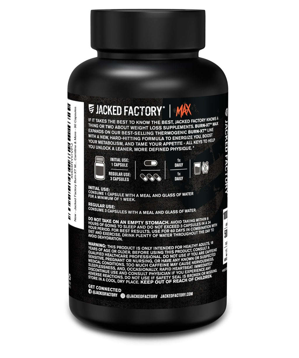 Jacked Factory Burn-XT Max - High-Performance Thermogenic Fat Burner & Appetite Suppressant for Weight Loss w/PurCaf Organic Caffeine, MitoBurn, Green Tea