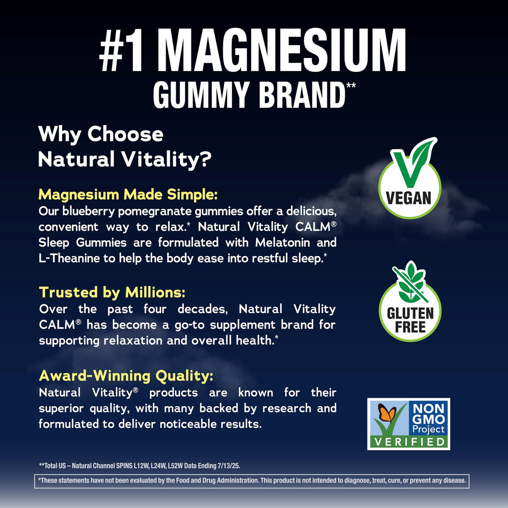 Natural Vitality SLEEP Gummies, Magnesium Supplement With Melatonin and L-Theanine, Vegan, Gluten Free, Helps the Body Ease Into Sleep
