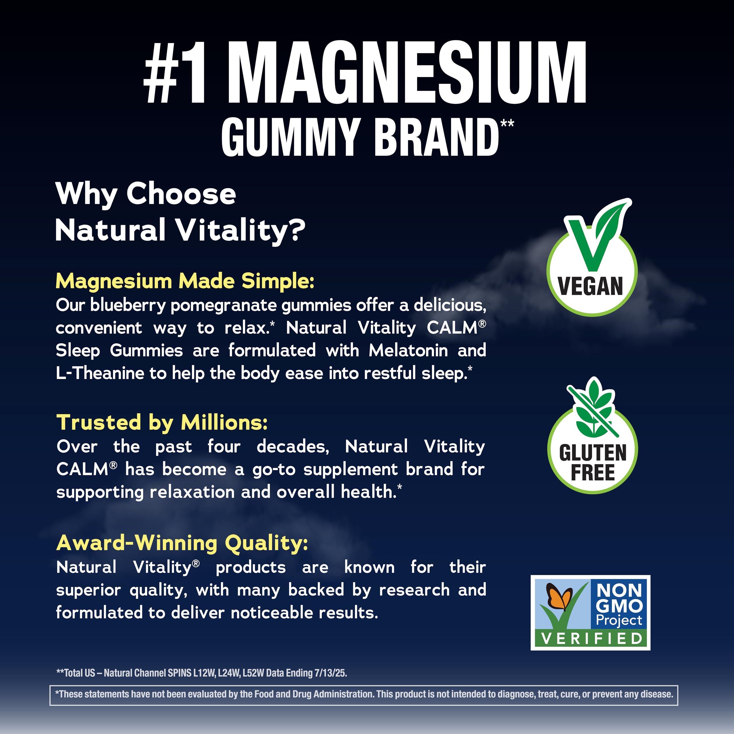 Natural Vitality SLEEP Gummies, Magnesium Supplement With Melatonin and L-Theanine, Vegan, Gluten Free, Helps the Body Ease Into Sleep