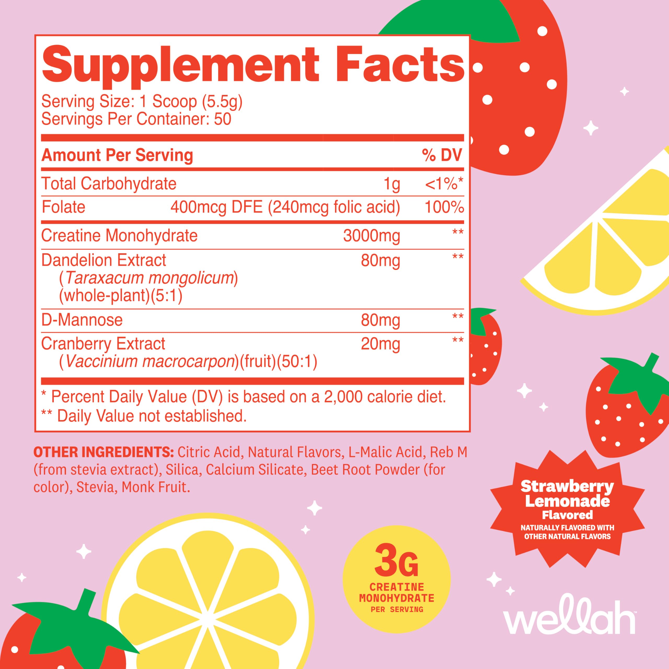 Wellah Creatine for Women - Creatine Monohydrate with Dandelion & Cranberry Extract (50 Servings, Strawberry Lemonade)