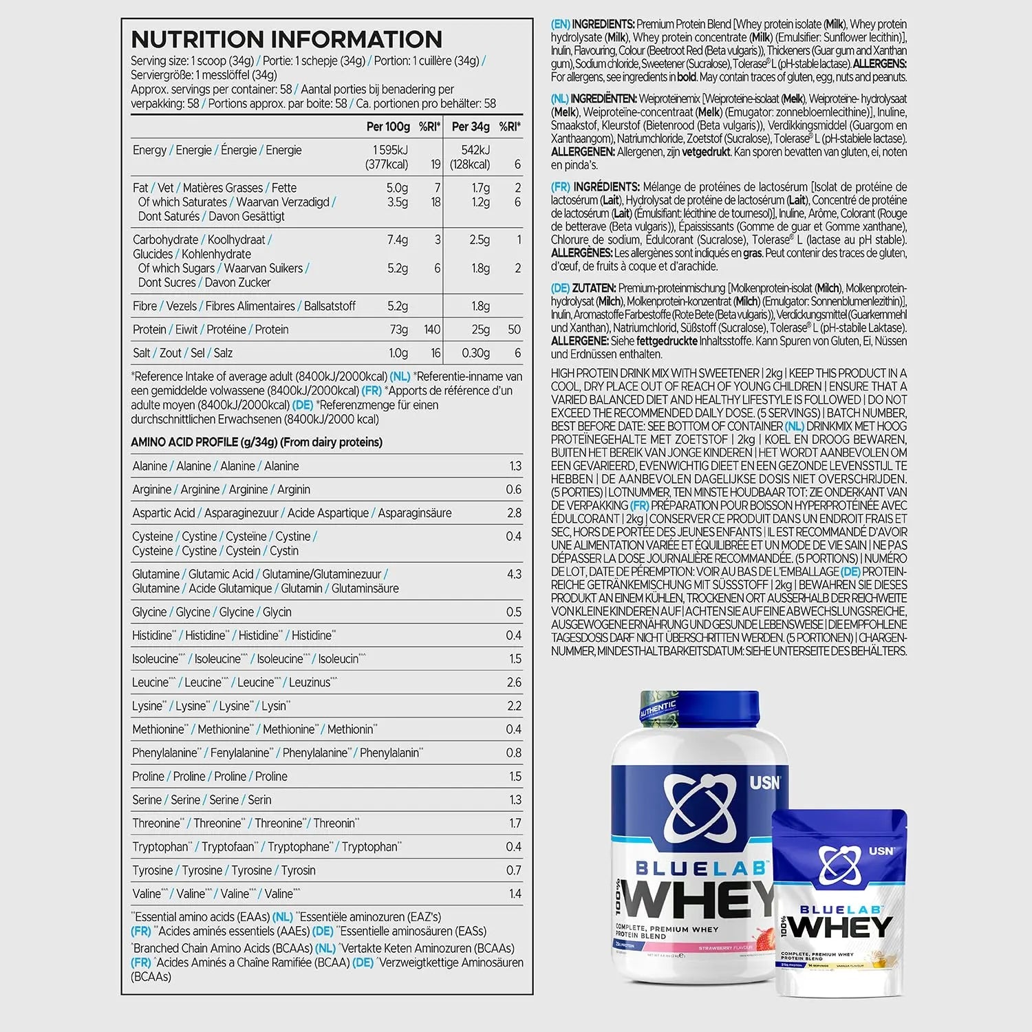USN Blue Lab Whey Protein Powder: Strawberry - Whey Protein 2kg - Post-Workout - USN Au supplements
