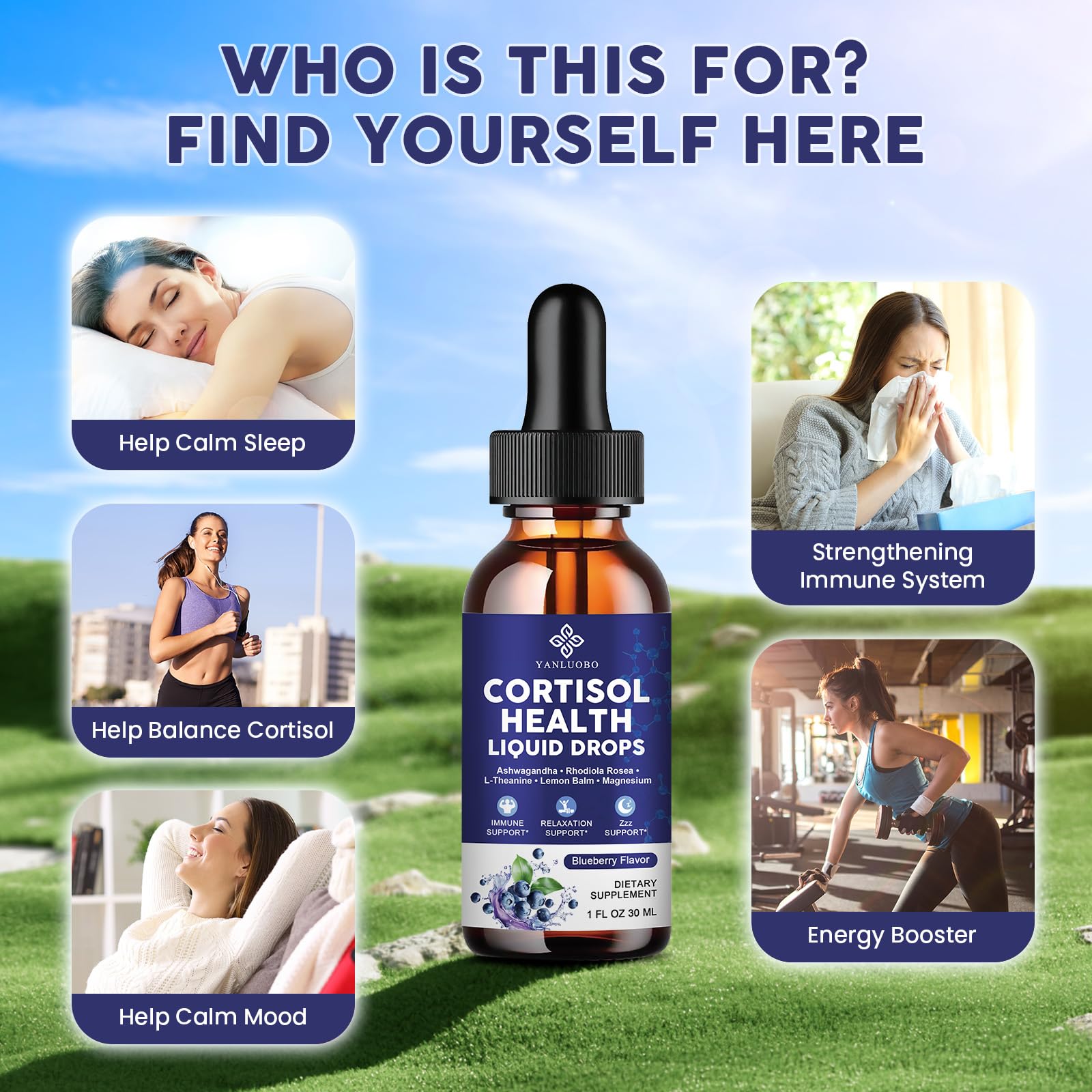 Cortisol Supplements for Women - Cortisol Manager Liquid Drops with Magnesium, Ashwagandha & Rhodiola rosea, L-theanine - Promotes Relaxation & Better Sleep, Mood, Blueberry Flavors, 1FL.OZ(2PC) YANLUOBO Au supplements