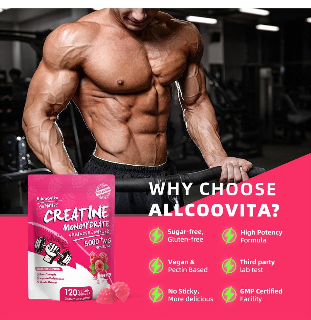 NSF Certified Creatine Gummy - Creatine Monohydrate Gummies 5000mg for Men & Women -120 Gummies Advanced Formula, Muscle Strength, Muscle Builder, Energy Boost, Pre-Workout Supplement-Raspberry Allcoovita Au supplements